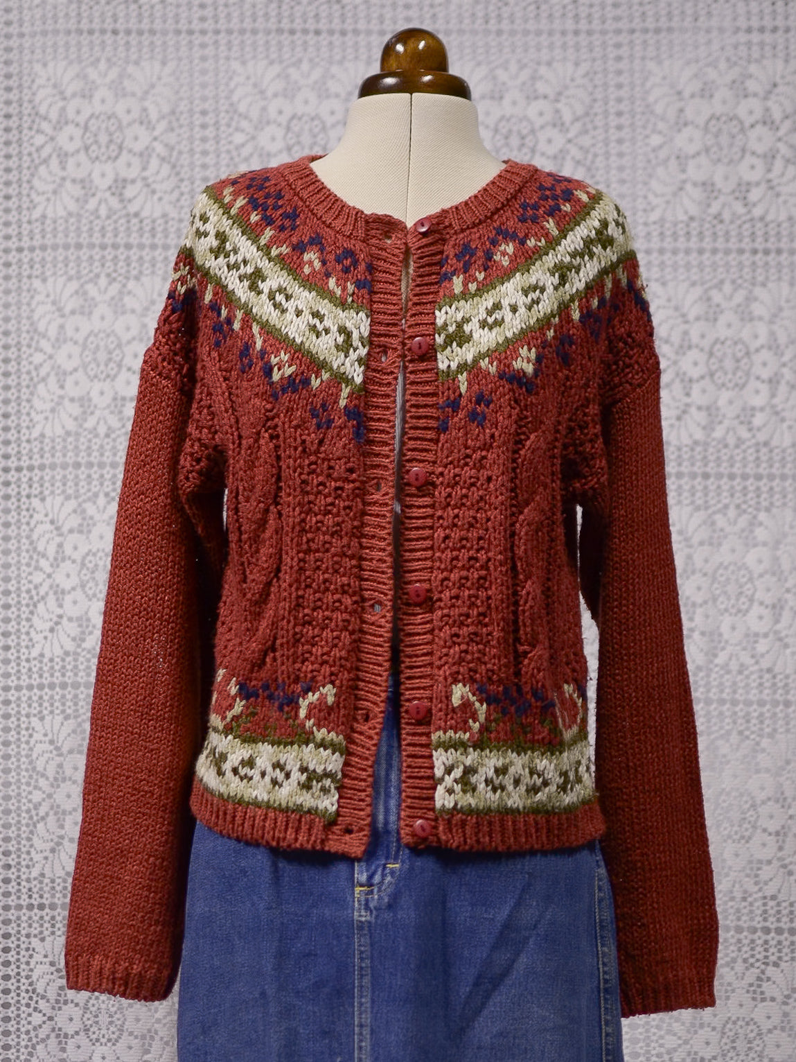 1990s dark red brown and cream floral pattern nordic cardigan