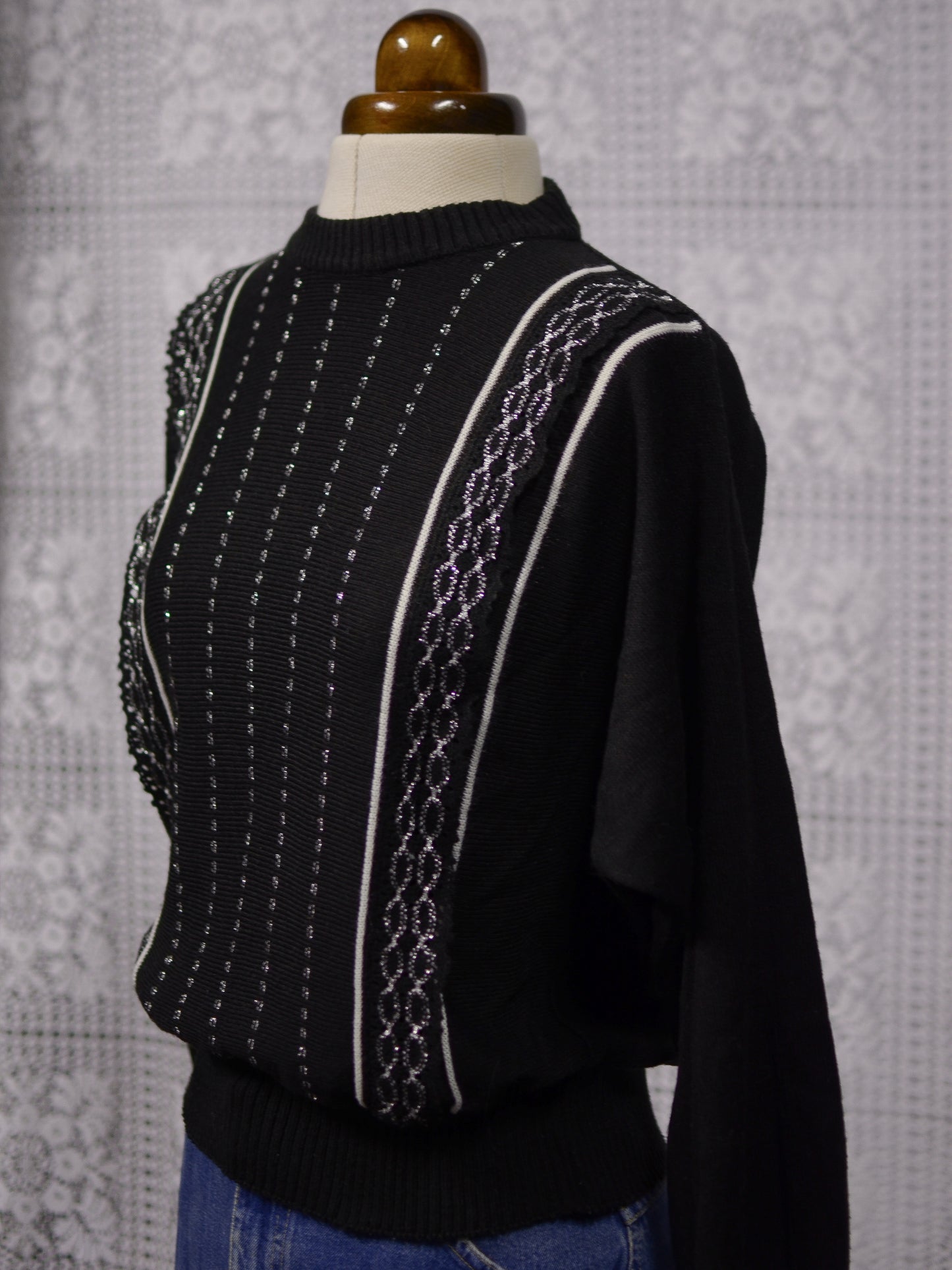 1970s black and silver metallic lace detail batwing jumper