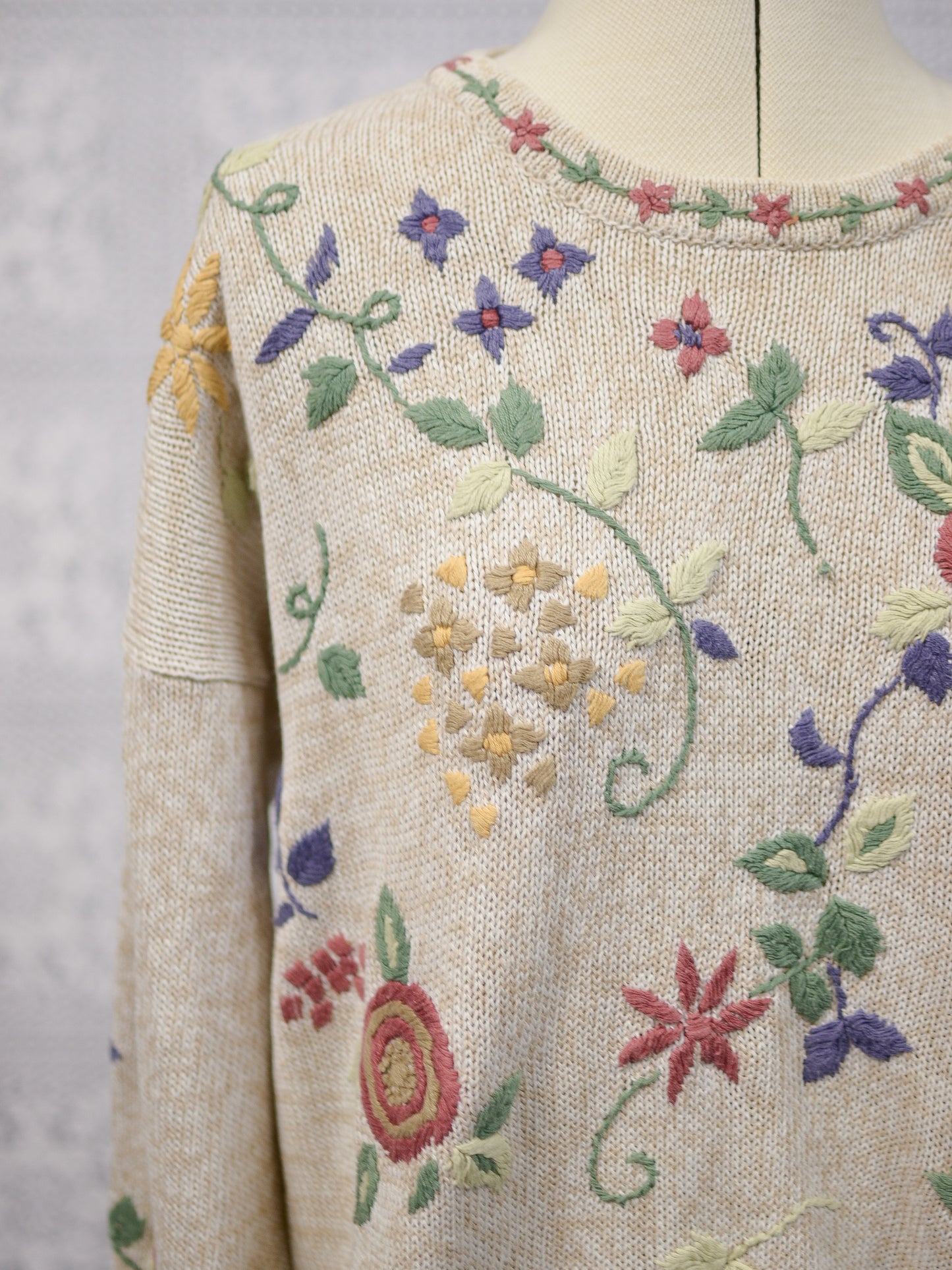 1990s Dorothy Perkins cream embroidered floral long cotton jumper