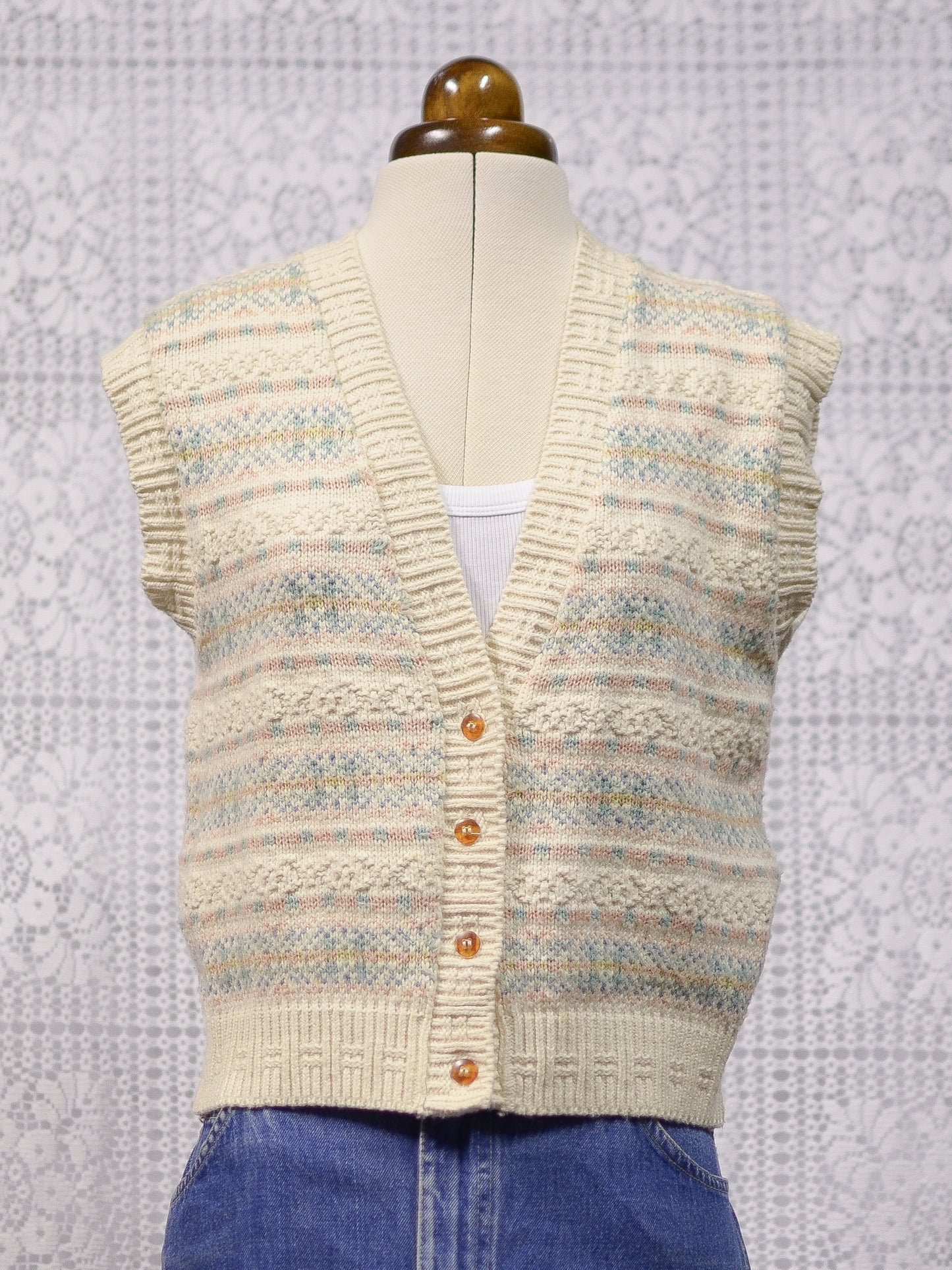 1990s BHS cream, pink and blue nordic fairisle style pattern knitted waistcoat