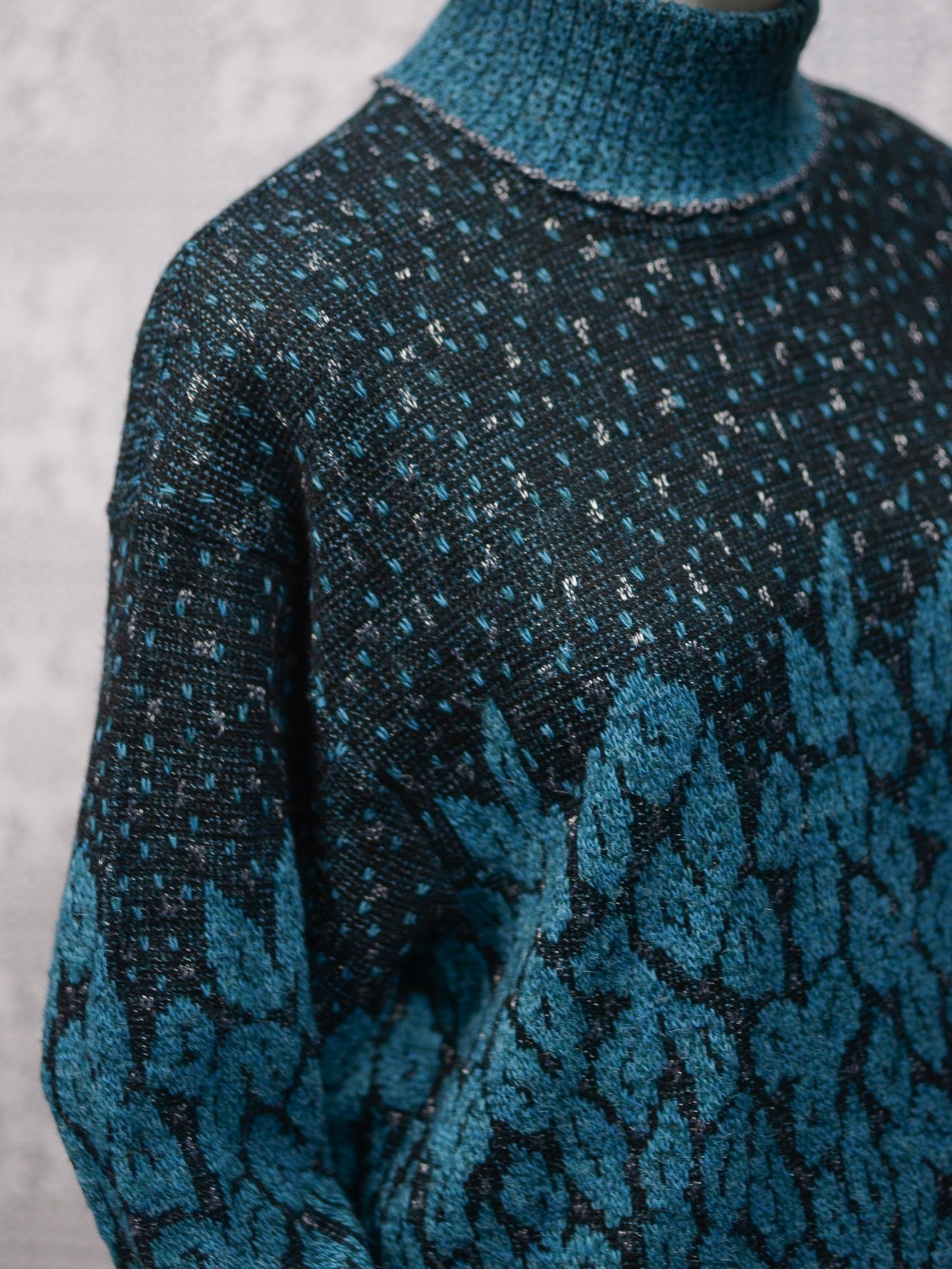 1980s teal, black and silver roll neck batwing jumper
