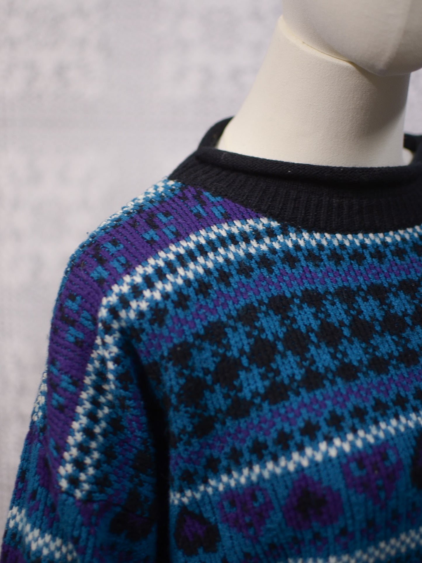 1990s Stefano black, turquoise and purple heart and stripe pattern jumper