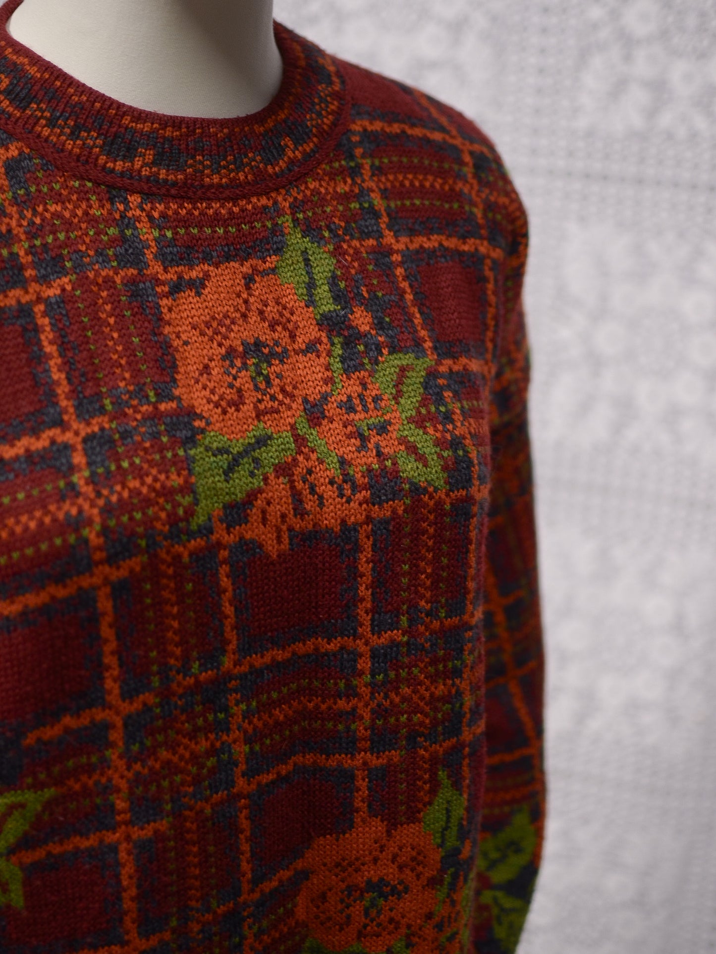 1990s dark red, orange and green tartan and floral print long jumper dress