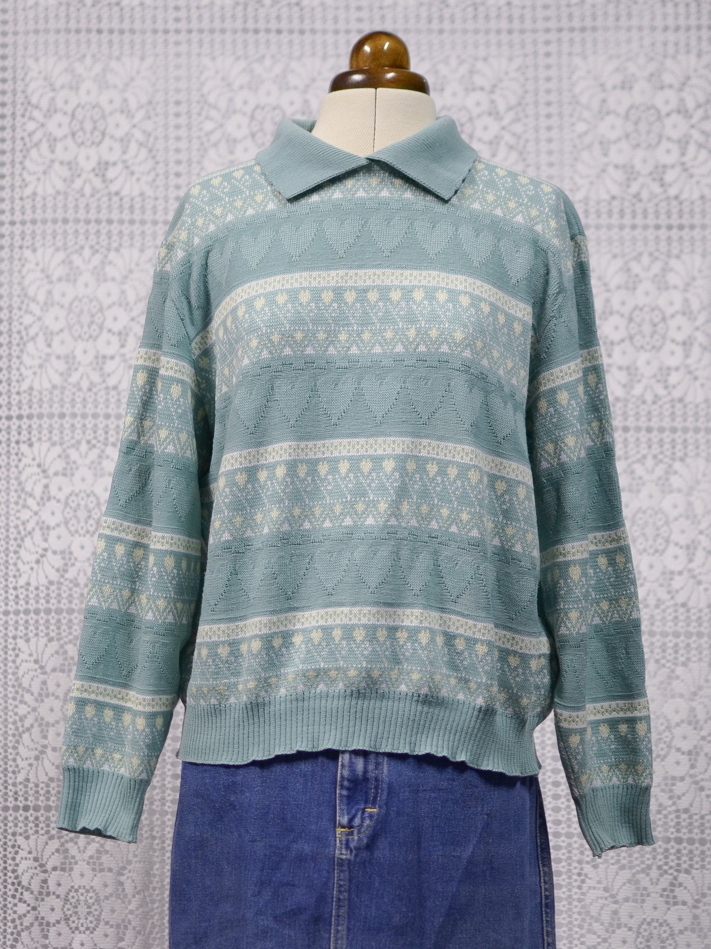 1990s mint green heart stripe patterned collared jumper