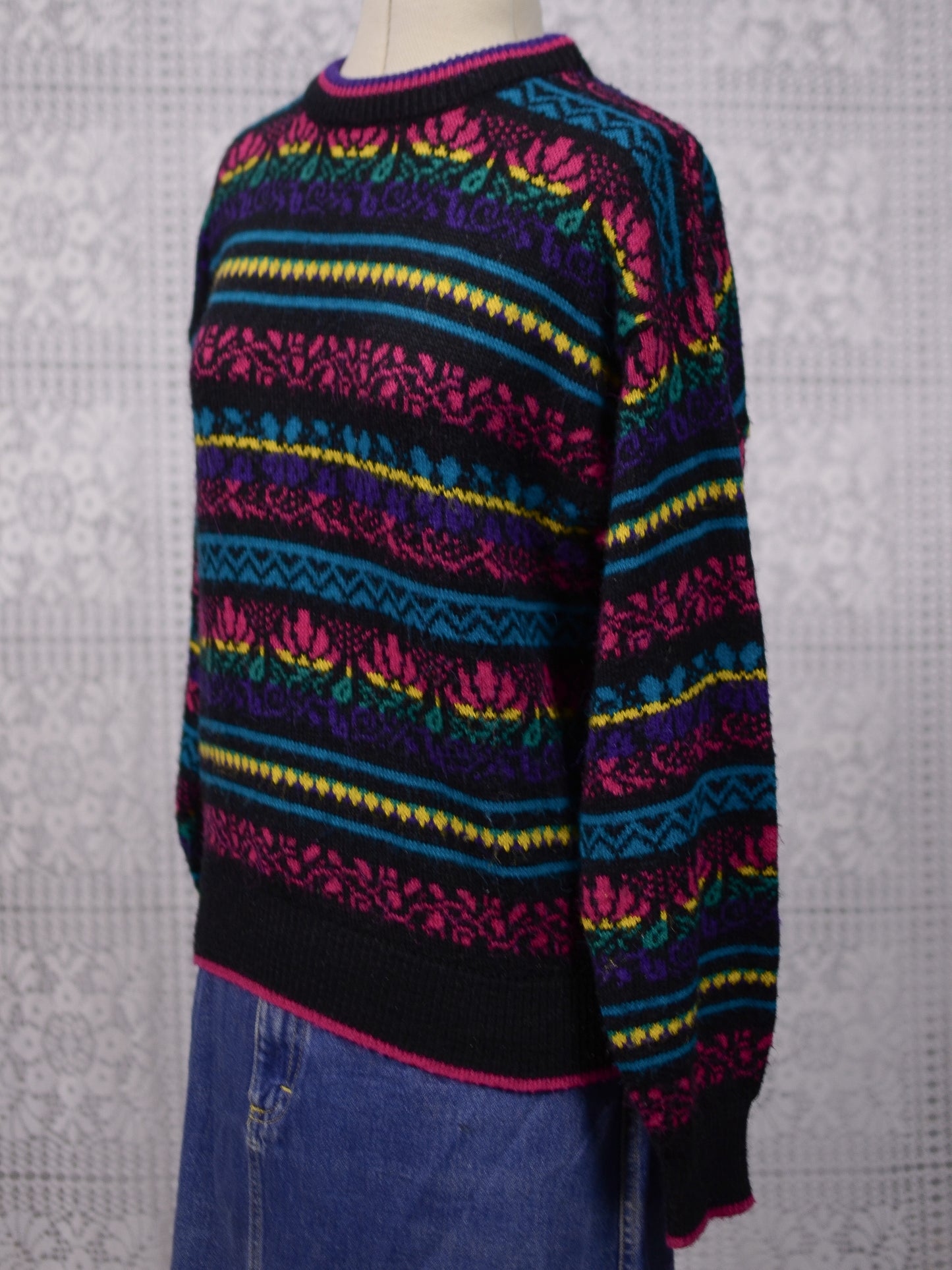 1980s C&A black, pink, yellow, purple and blue colourful floral stripe jumper