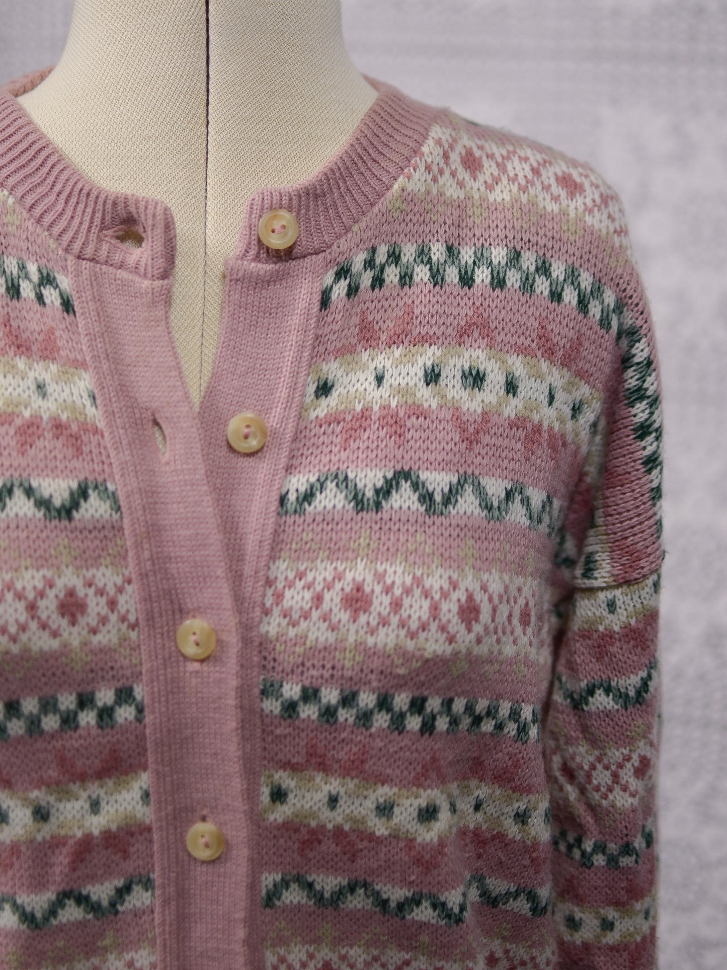 1980s pink and green fairisle style snowflake nordic cardigan