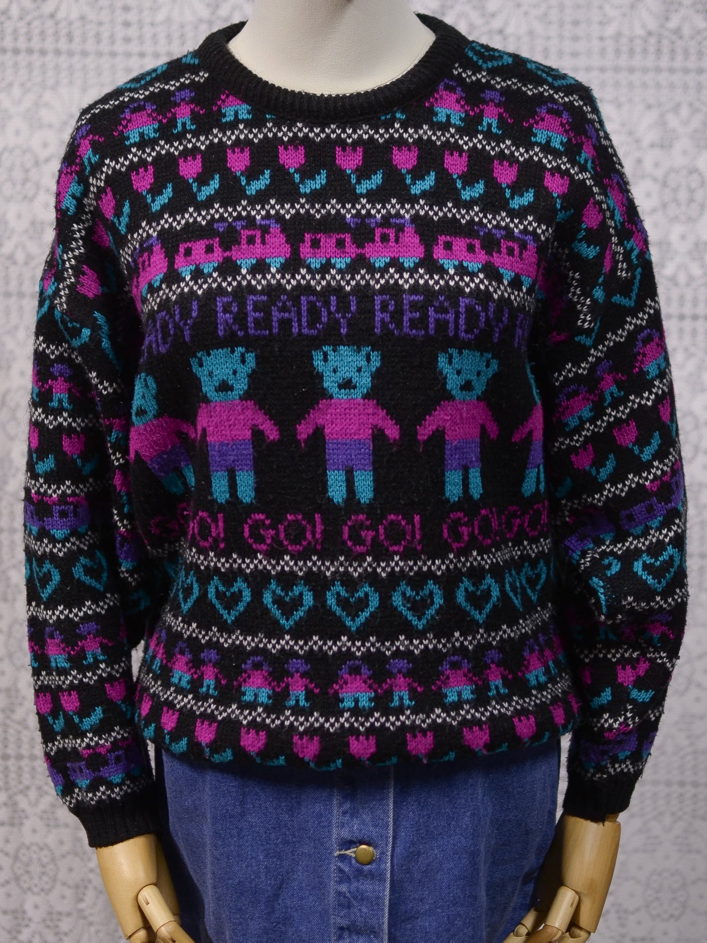 1980s black, pink and purple teddy bear novelty jumper