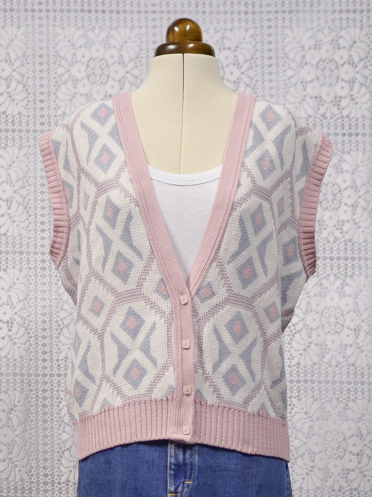 1980s pink, white and blue knitted waistcoat tank top sleeveless cardigan