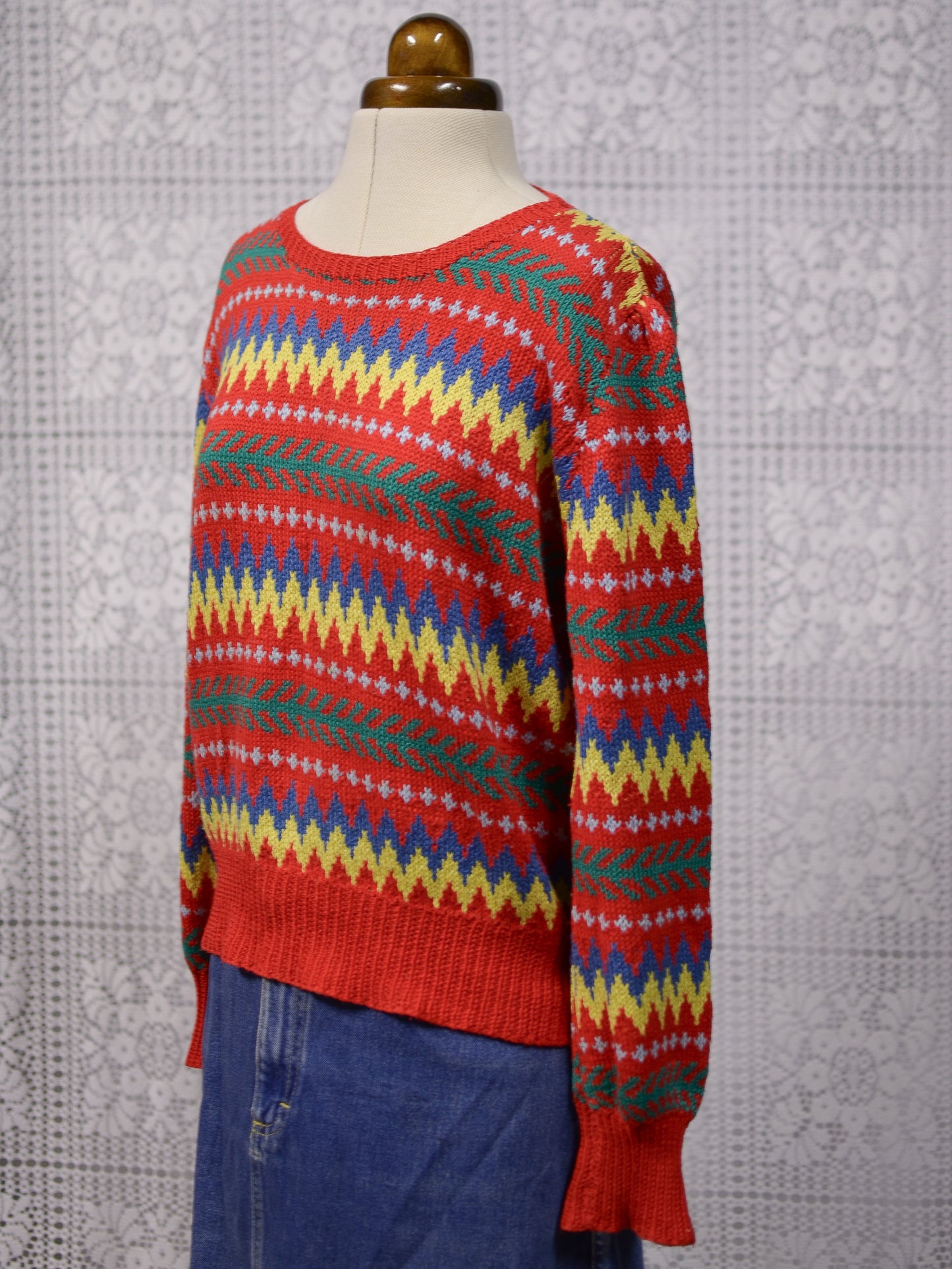 1970s 80s Edina and Lena red, yellow, green and blue hand knitted zigzag cotton jumper