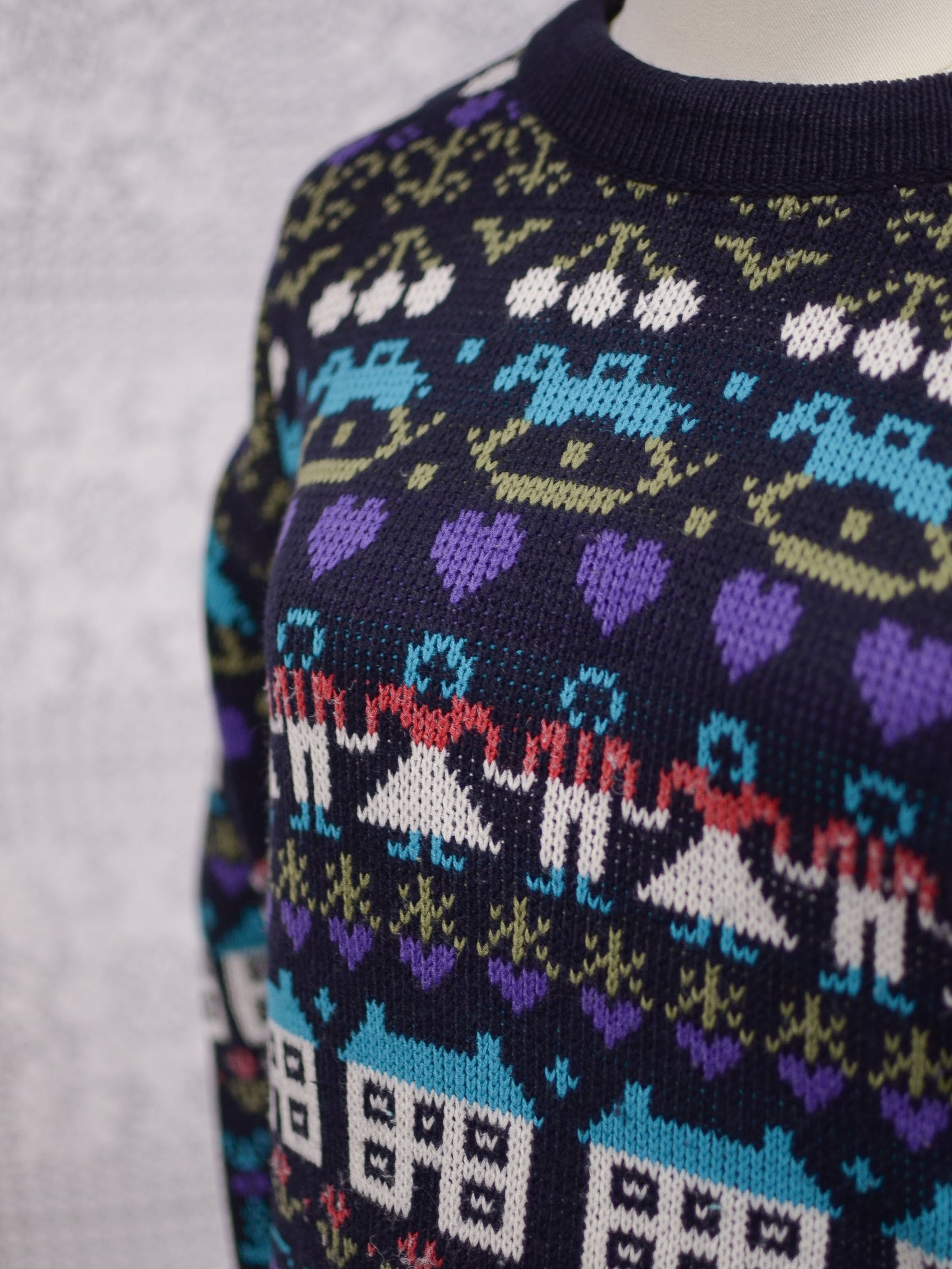 1980s navy blue, purple and blue novelty folk pattern jumper