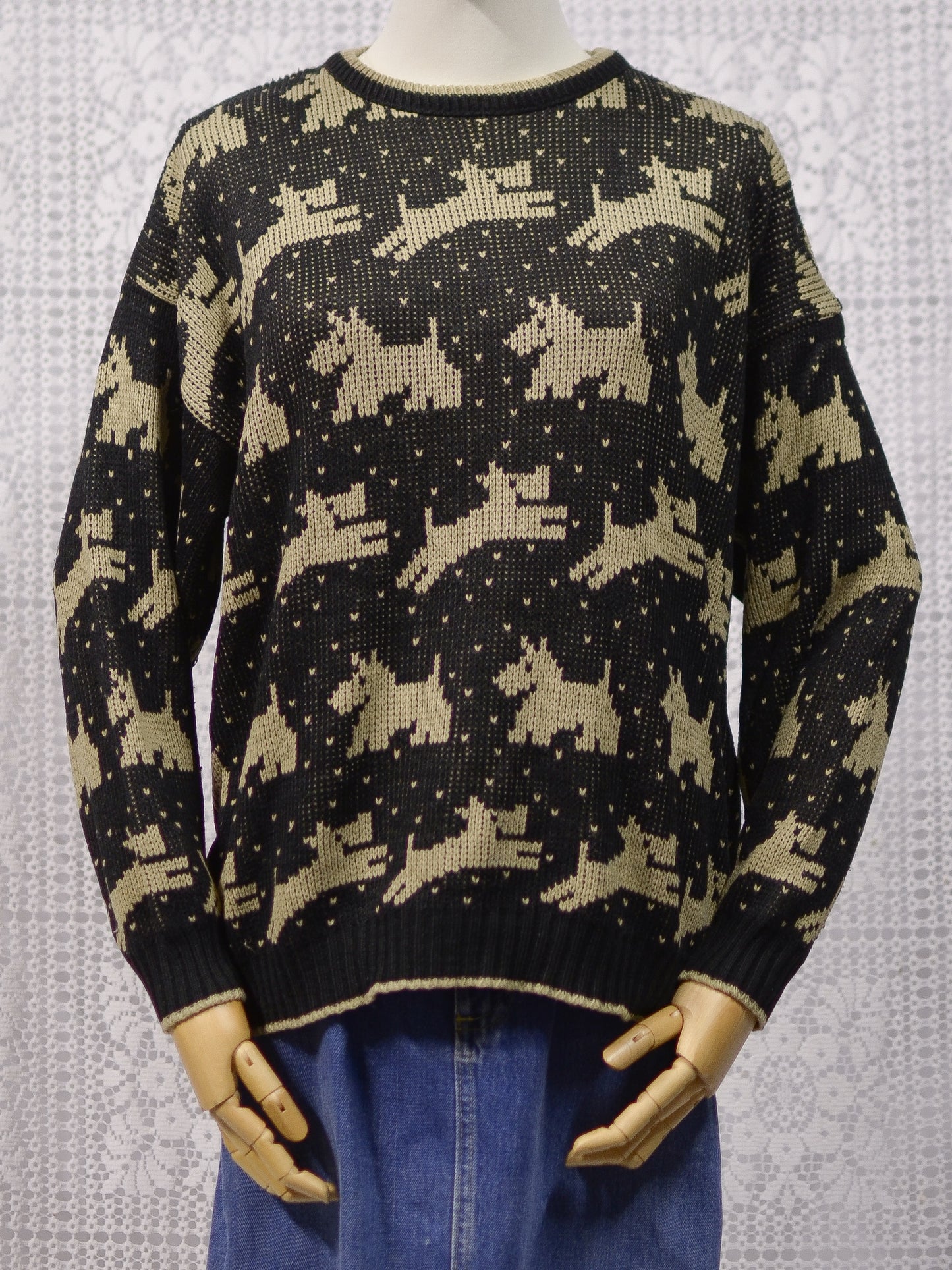 1980s black and brown scottie dog pattern novelty jumper