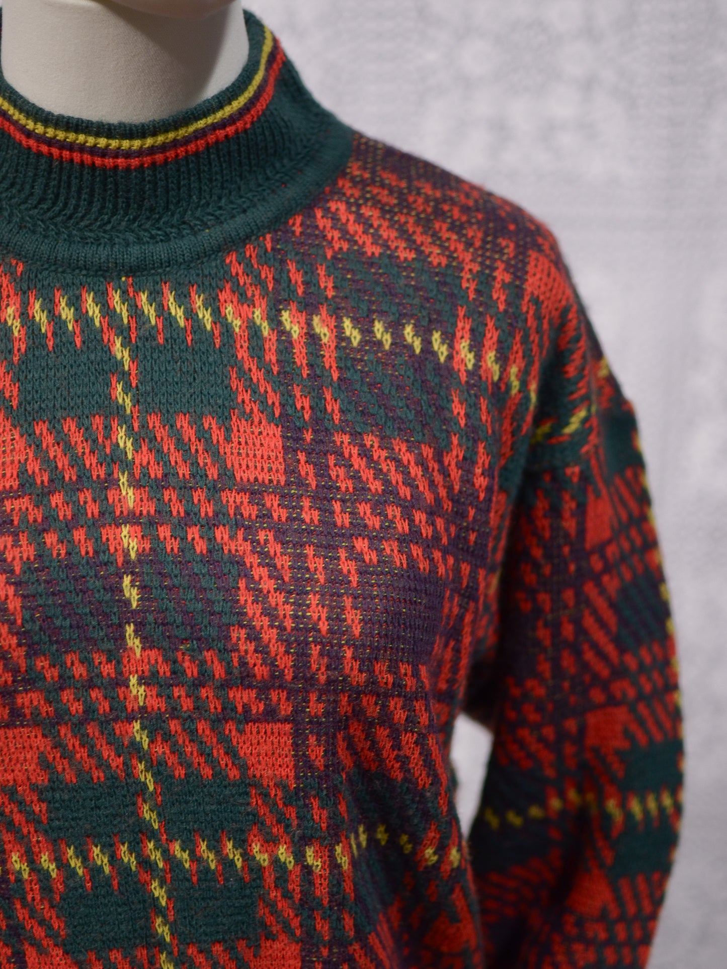 1970s red, green and yellow tartan high neck jumper