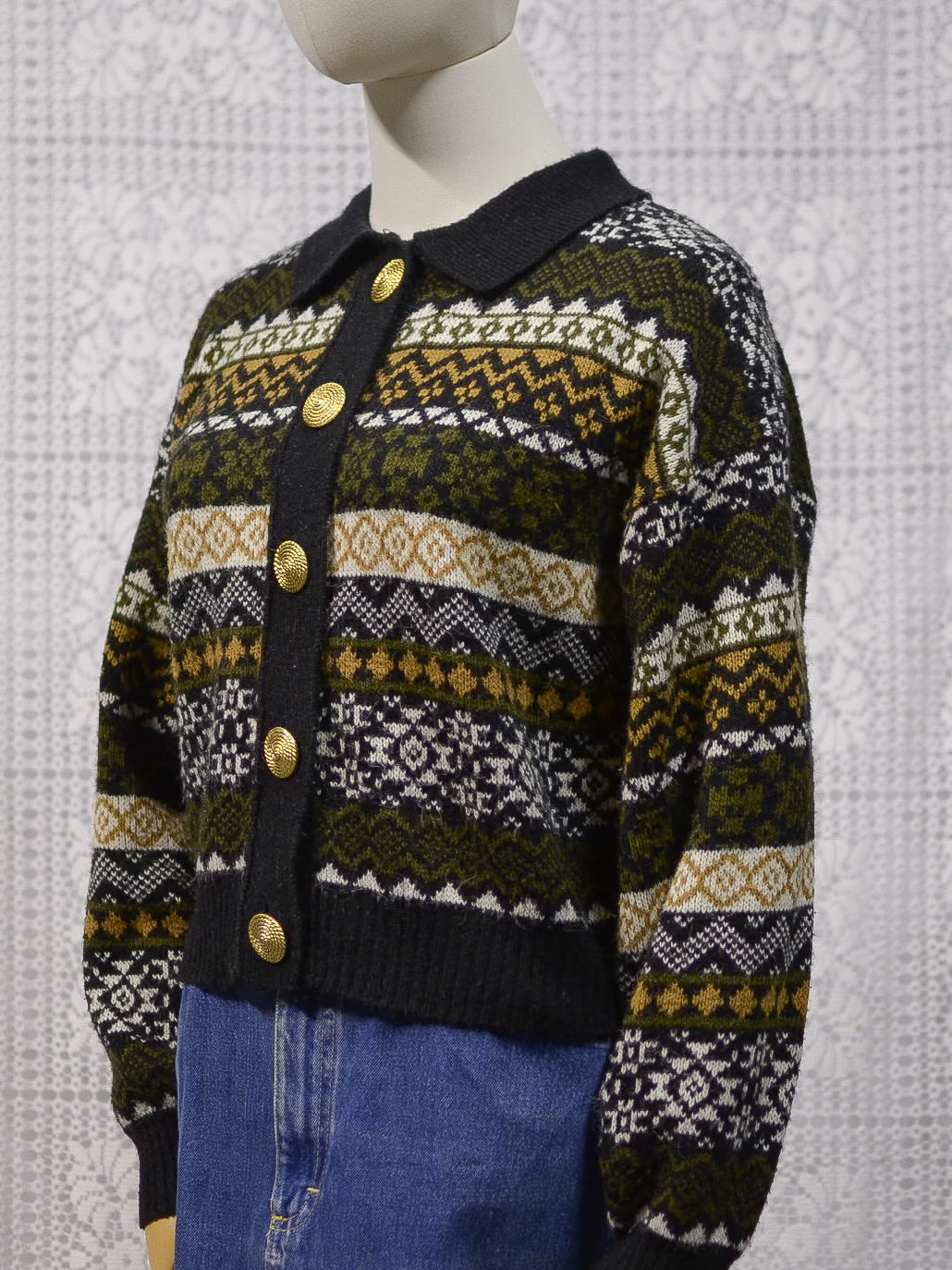 1980s C&A Yessica black, green and brown patterned stripe collared cardigan with gold buttons
