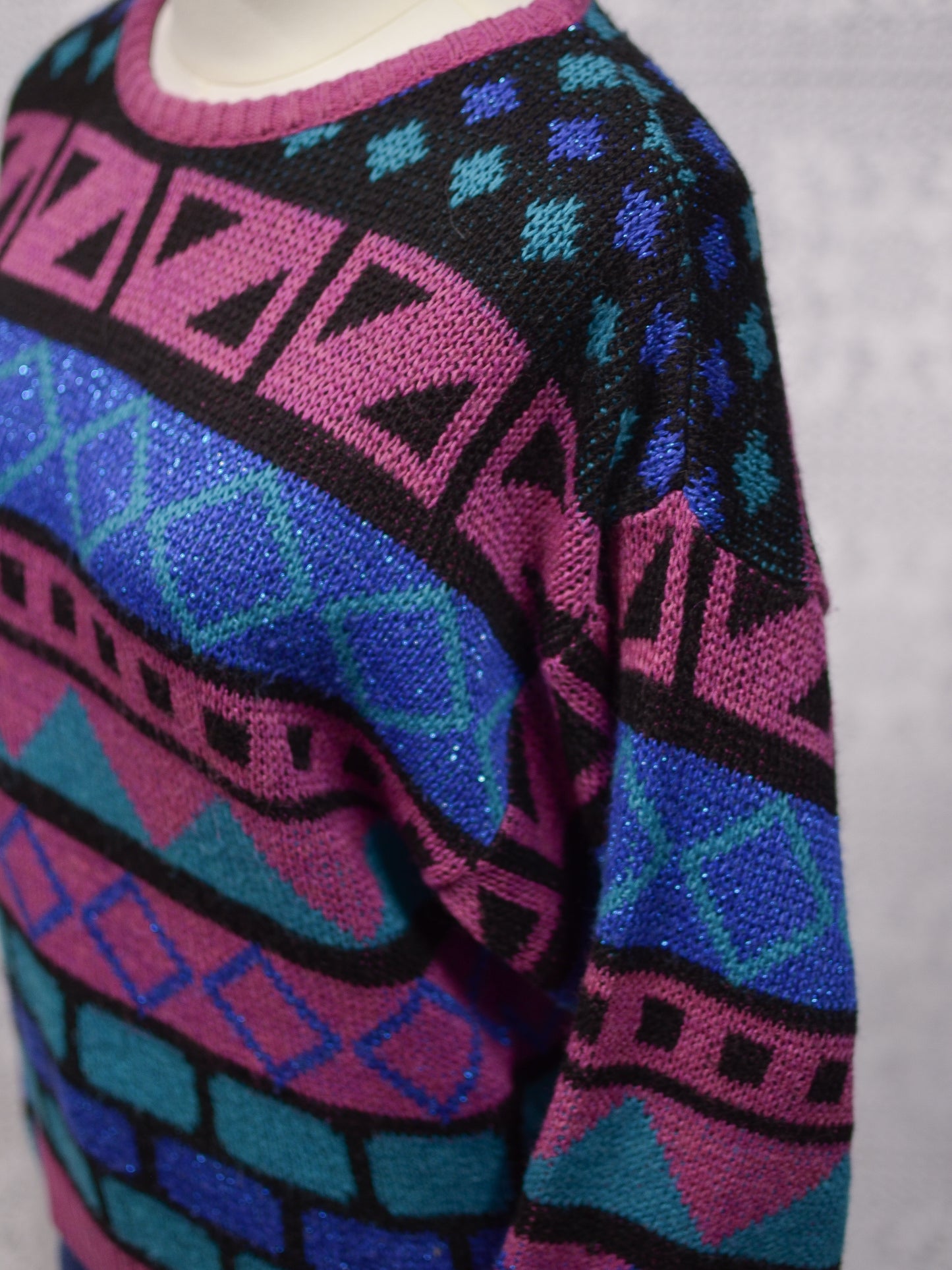 1980s C&A pink, green and blue sparkly patterned jumper