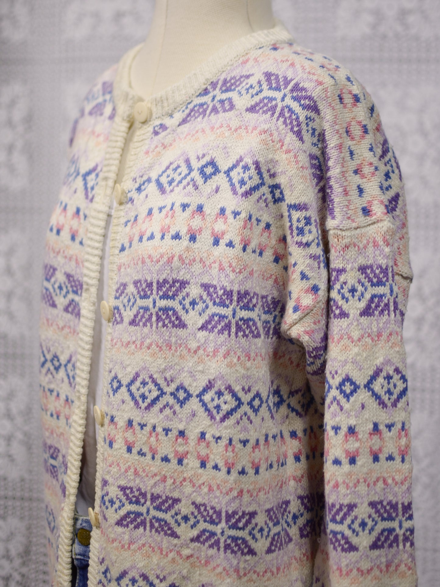 1990s Compliments cream, pink and lilac festive snowflake cosy cotton cardigan