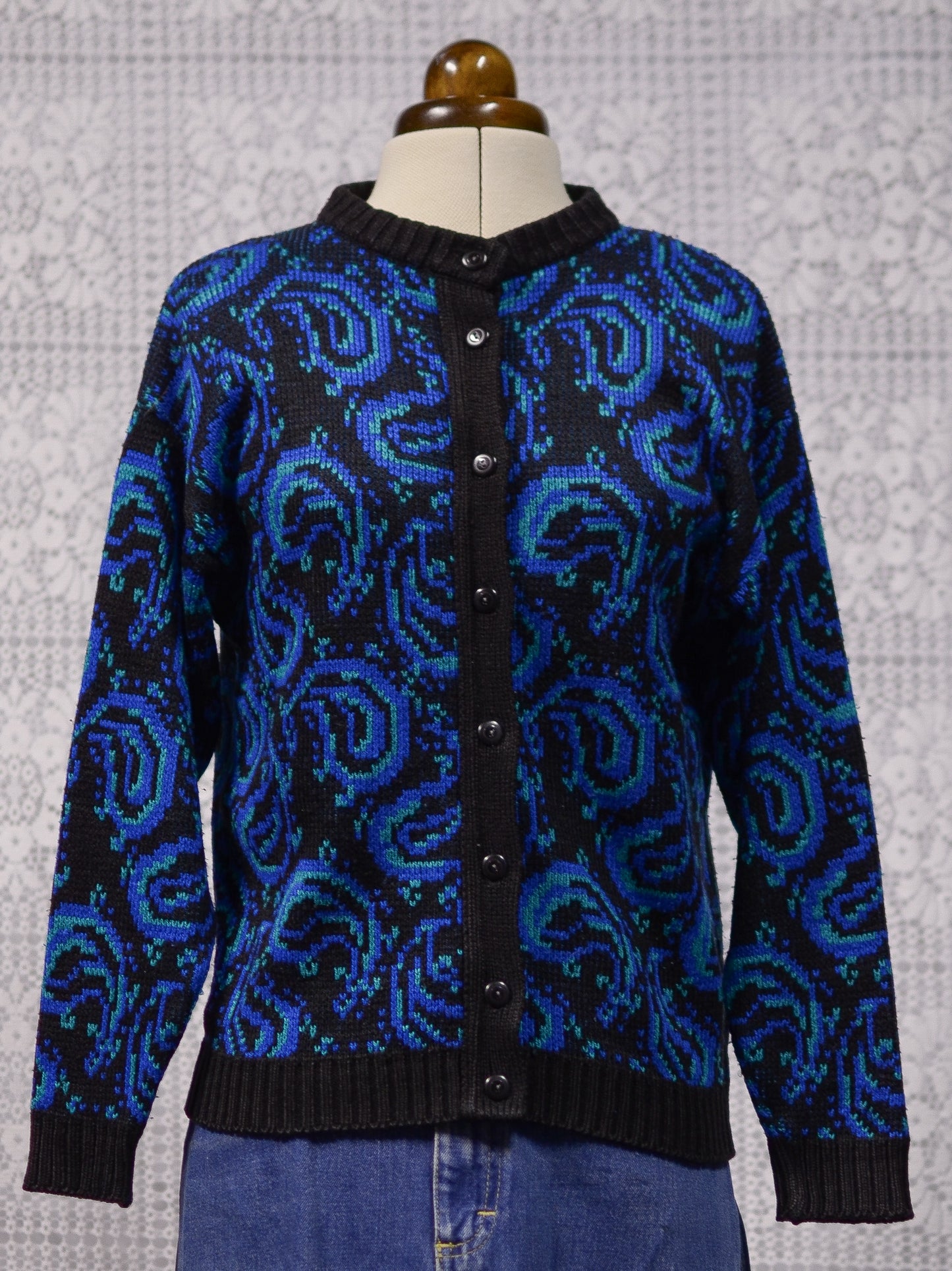 1980s St Michael black, blue and green paisley pattern button-through crew neck cardigan