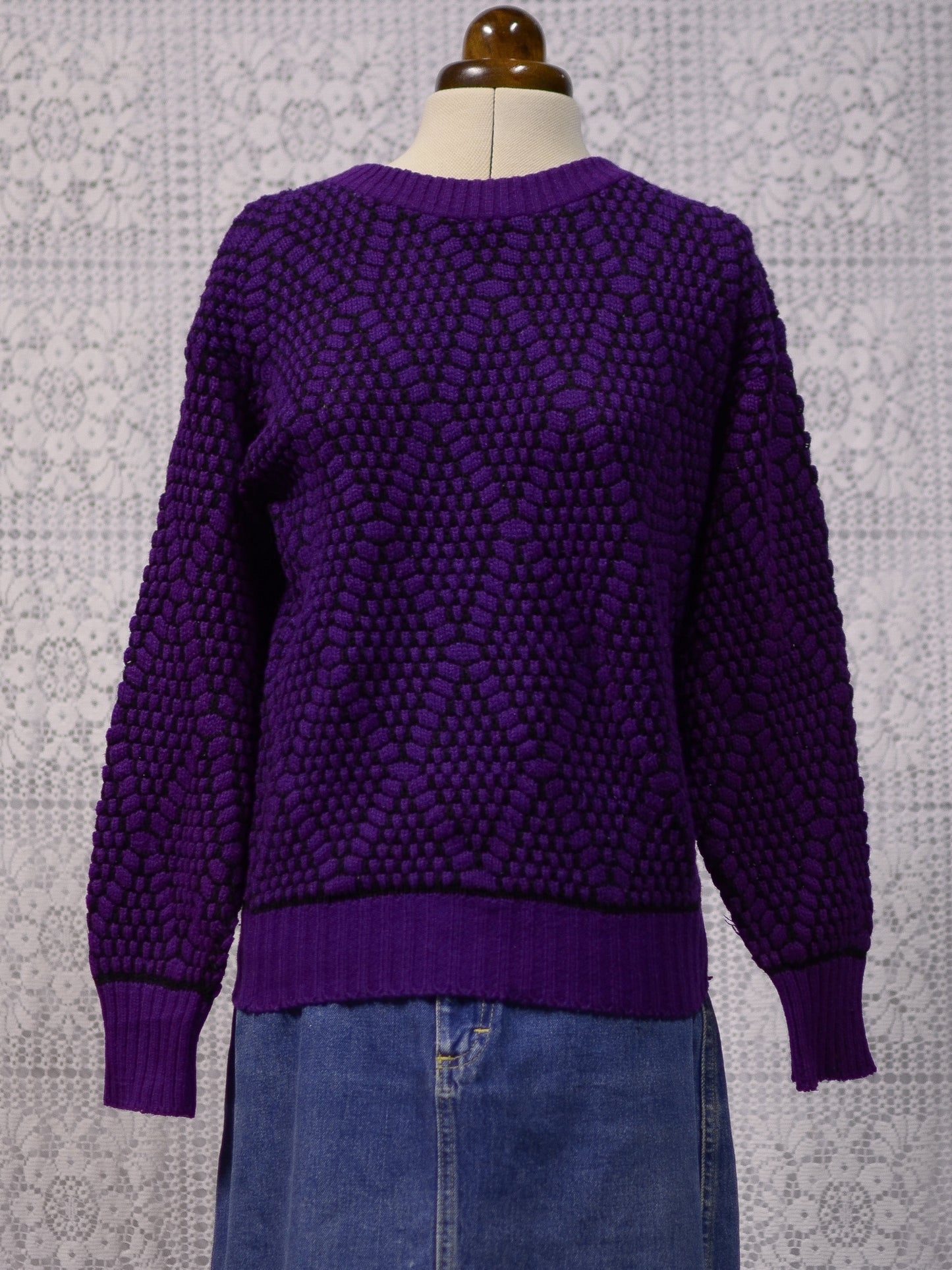 1980s purple and black diamond pattern jumper