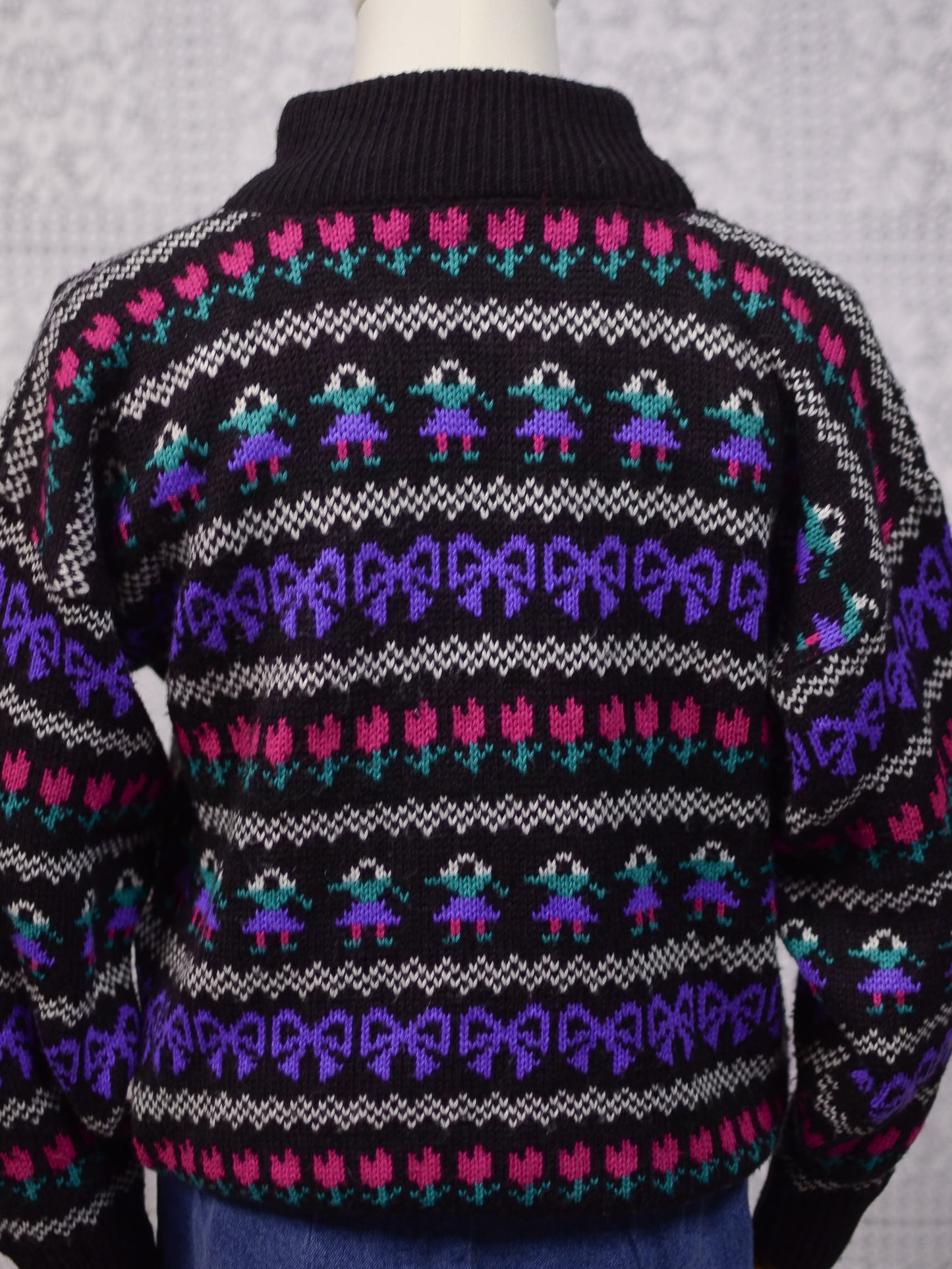 1980s black, purple and pink striped folk pattern jumper