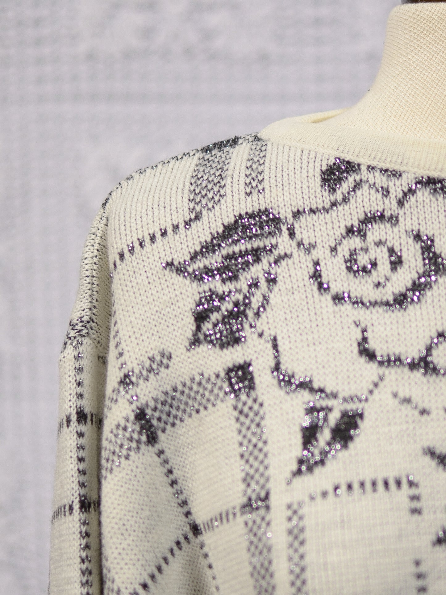 1980s cream, black and silver sparkly check floral rose pattern jumper
