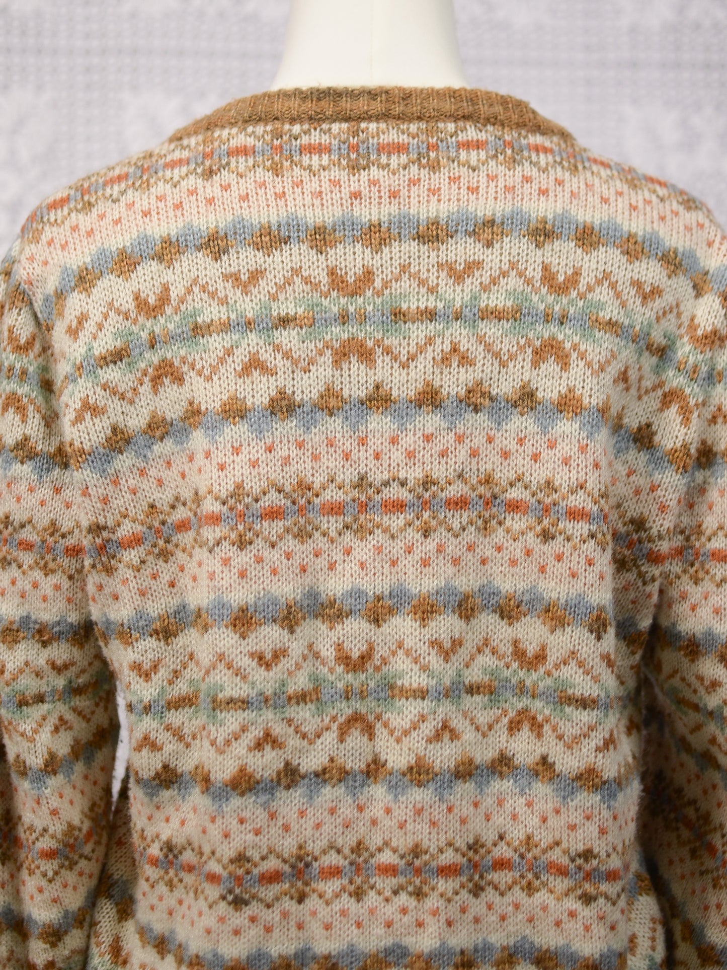 1980s BHS brown, cream and blue snowflake nordic stripe patterned jumper