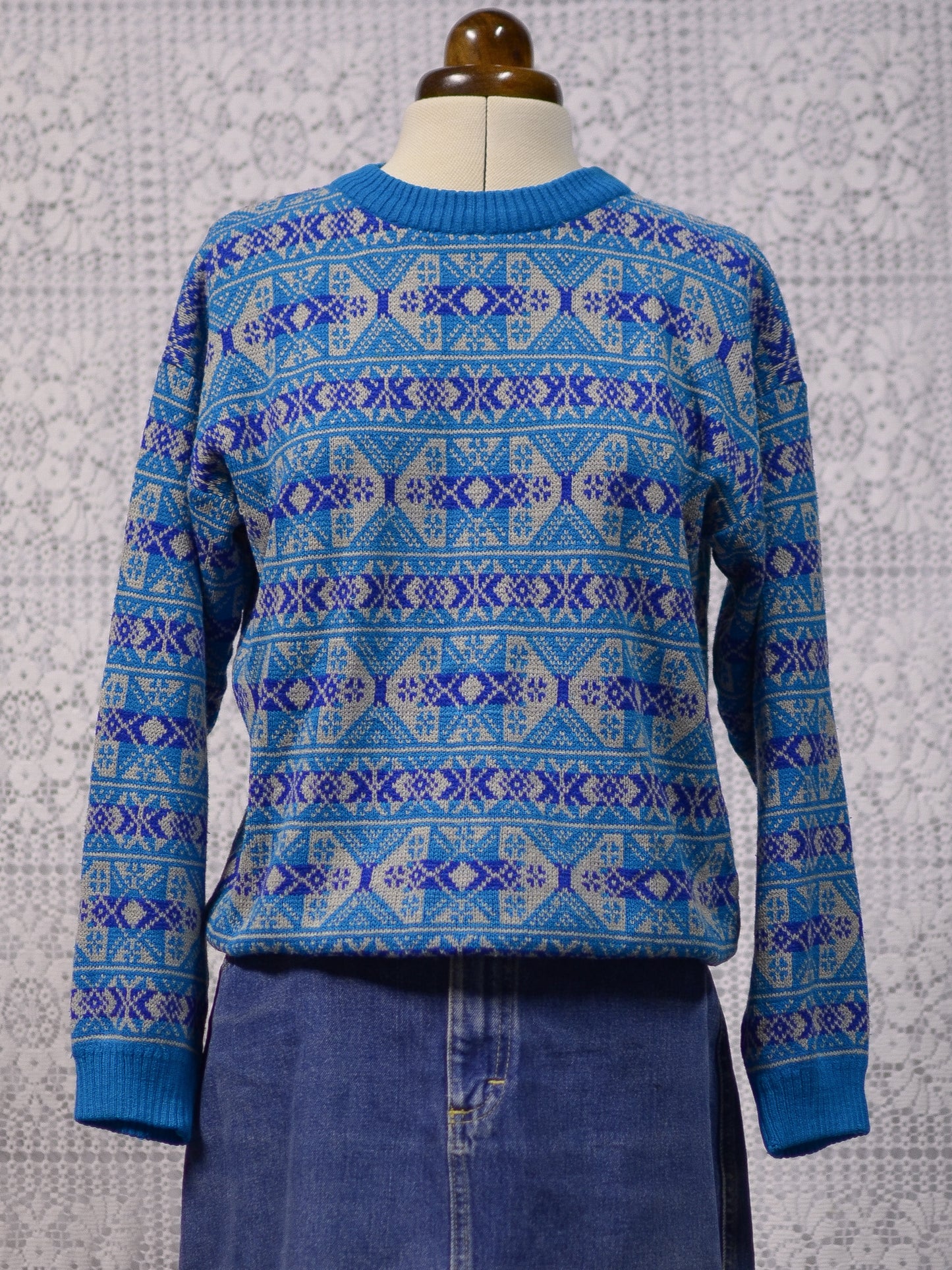 1980s blue and grey festive snowflake long sleeve jumper