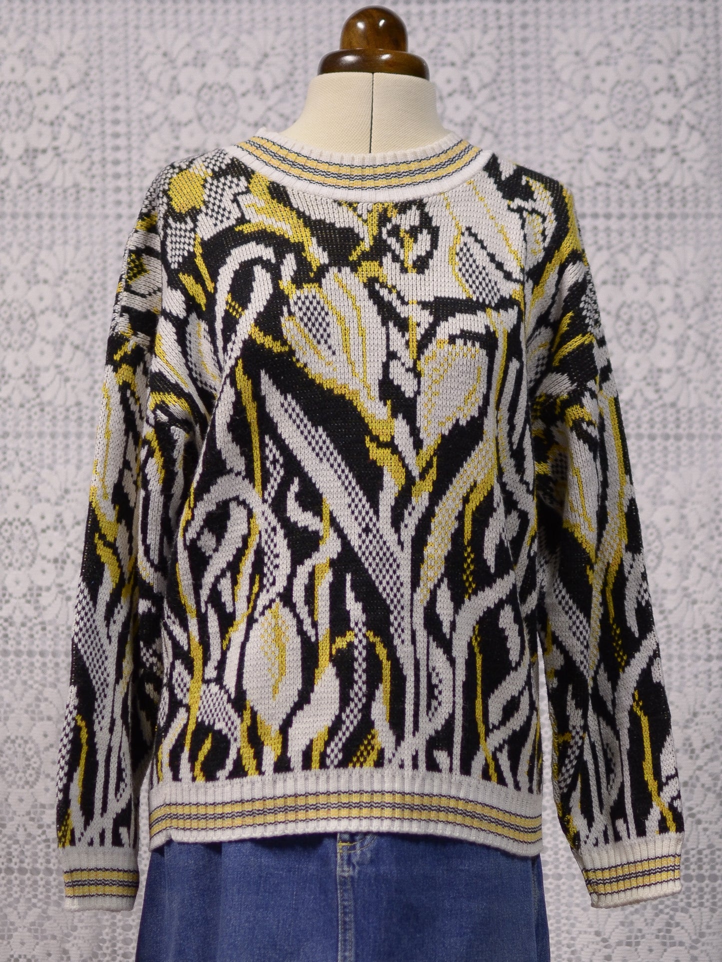 1980s black, white and yellow abstract floral jumper