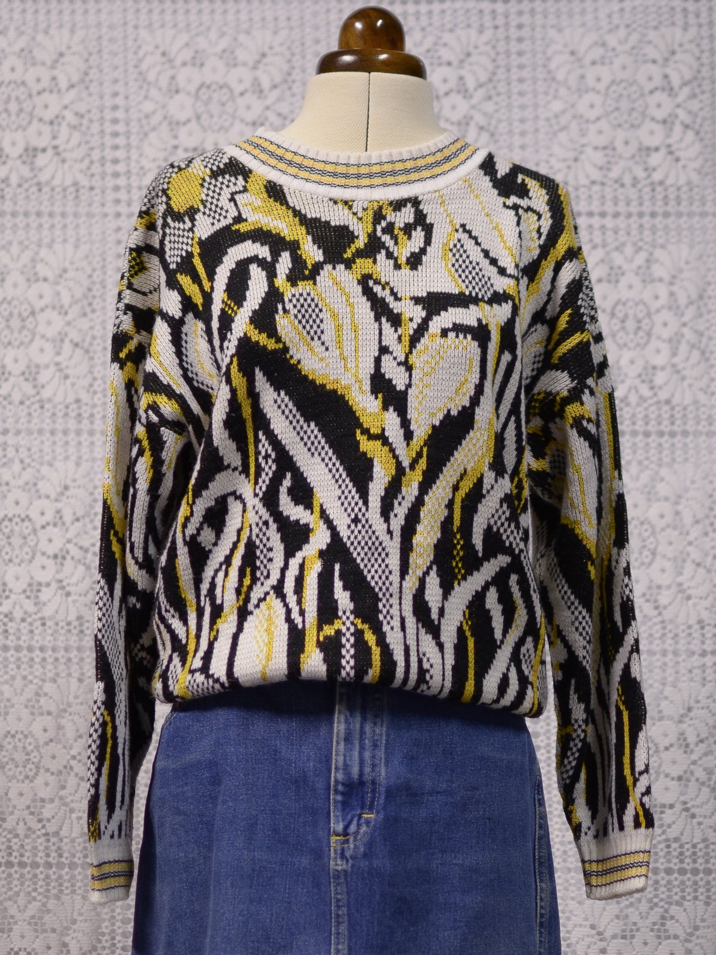 1980s black, white and yellow abstract floral jumper