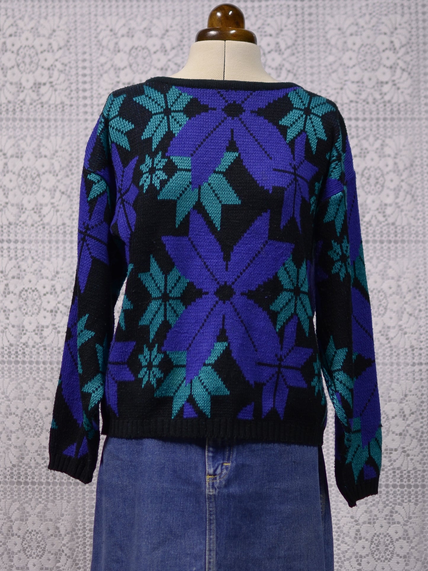 1980s black, blue and green graphic nordic jumper