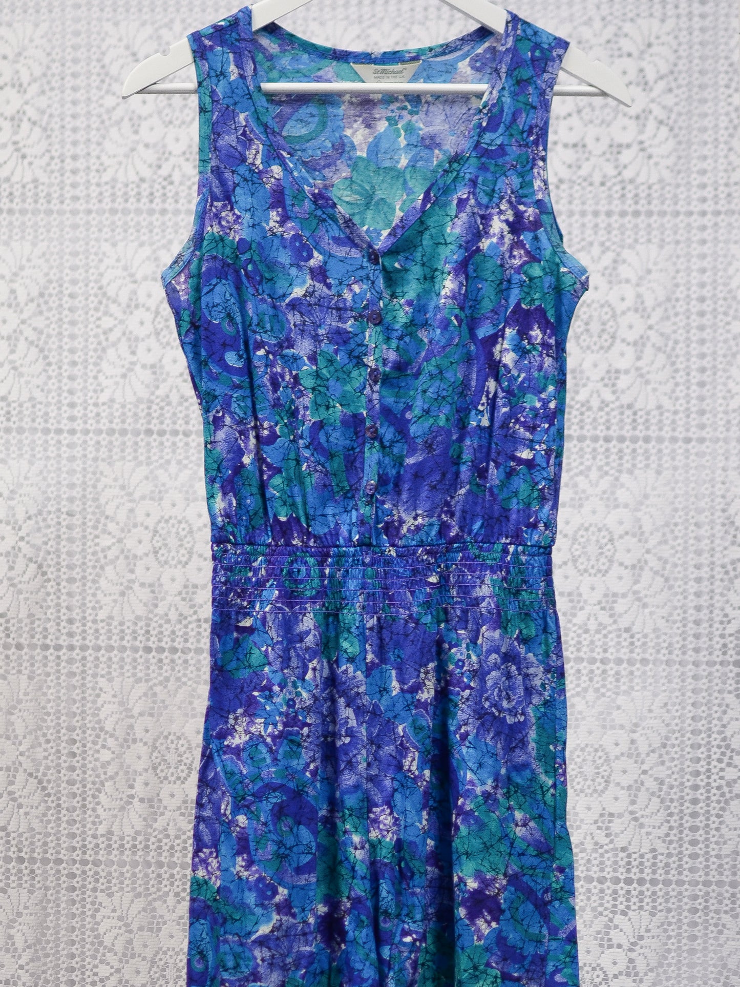 1990s St Michael purple and green abstract pattern sleeveless playsuit