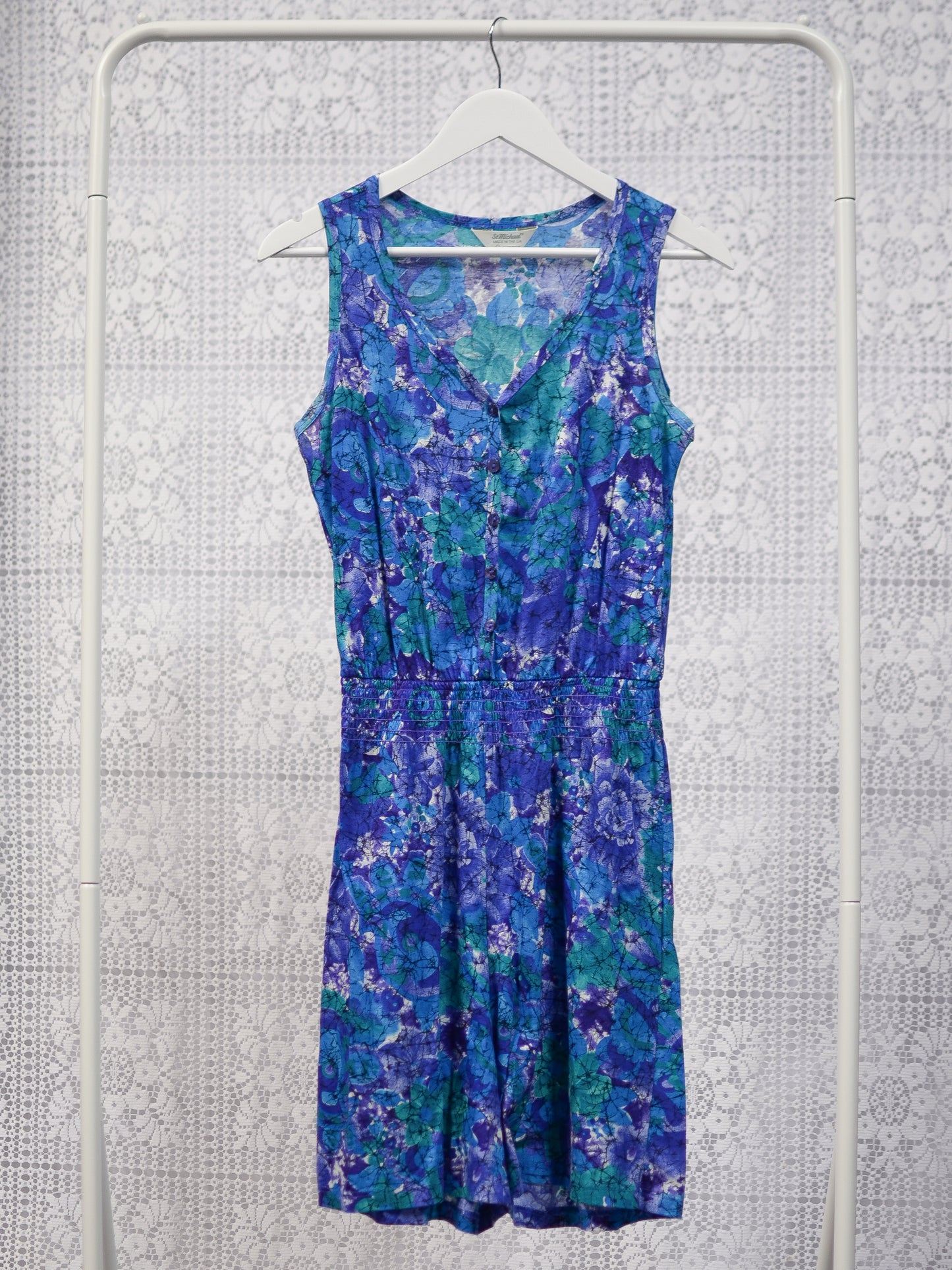 1990s St Michael purple and green abstract pattern sleeveless playsuit