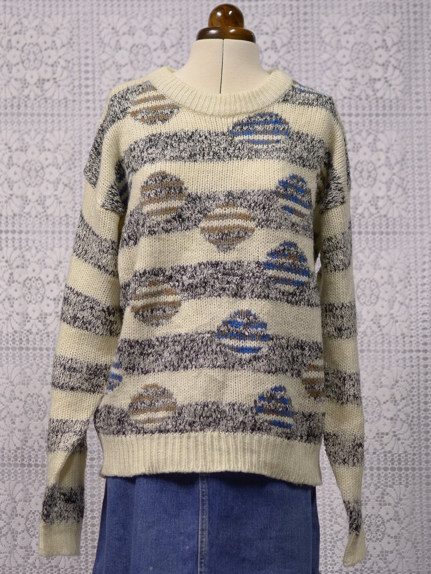 1980s chunky cream, grey, brown and blue long sleeve jumper