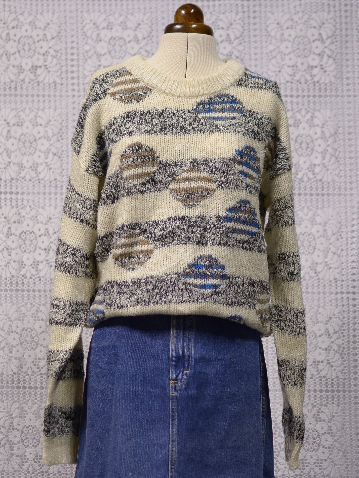1980s chunky cream, grey, brown and blue long sleeve jumper