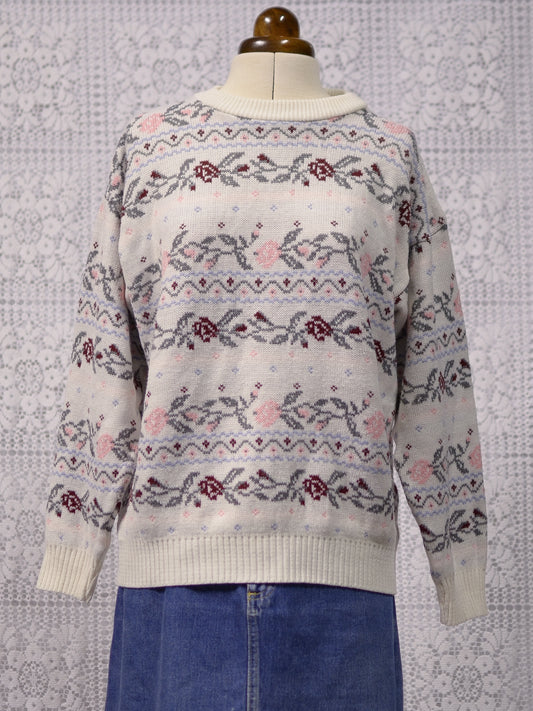 1980s white, pink and grey rose pattern jumper
