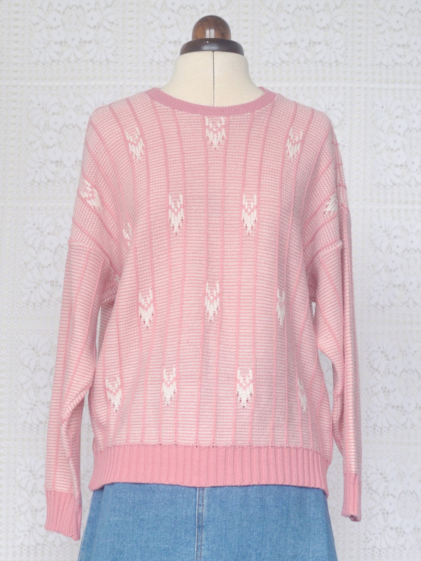 1970s style pink and white ribbed long sleeve knitted jumper