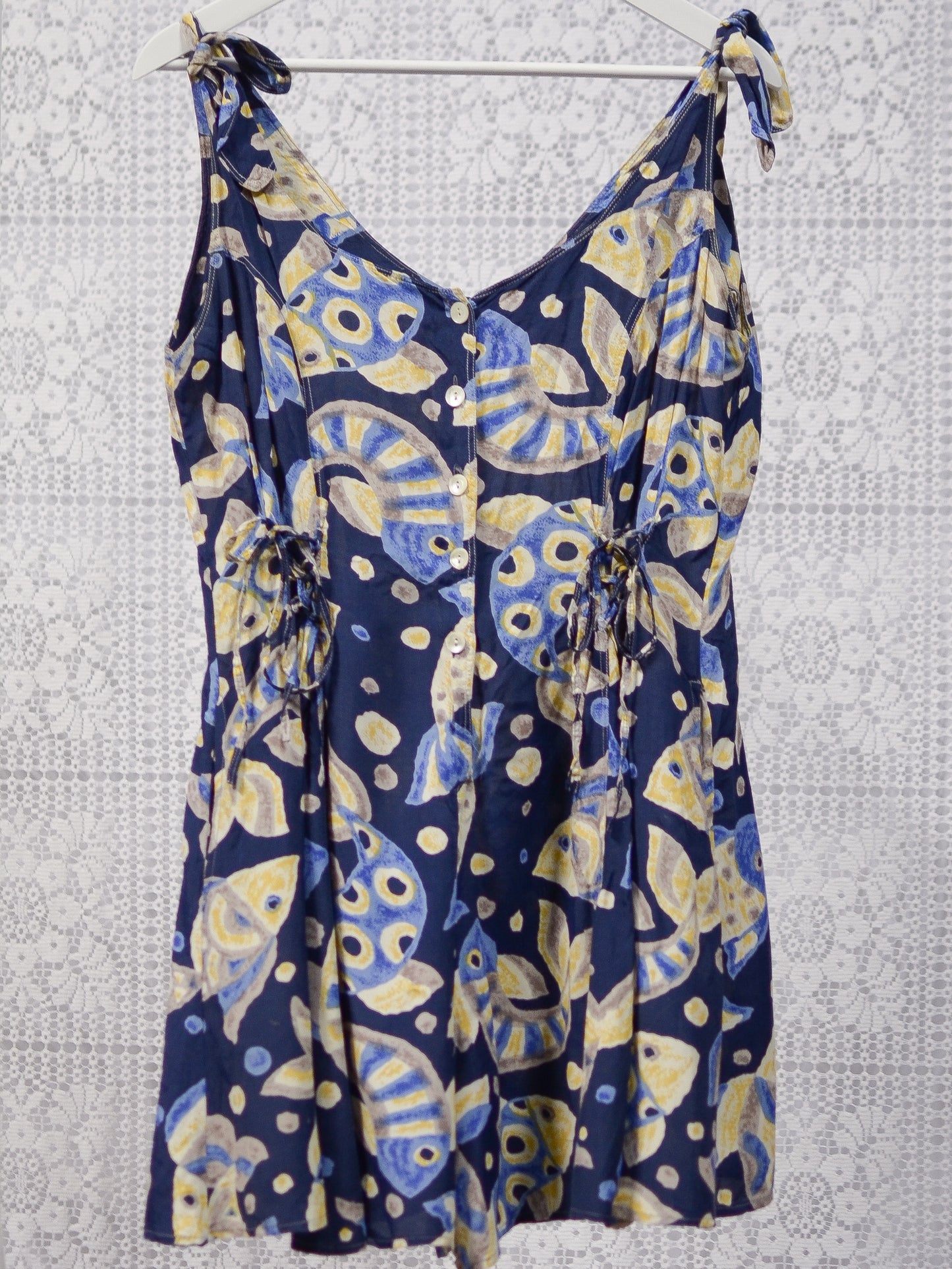 1990s blue and yellow fish print tie shoulder sleeveless playsuit