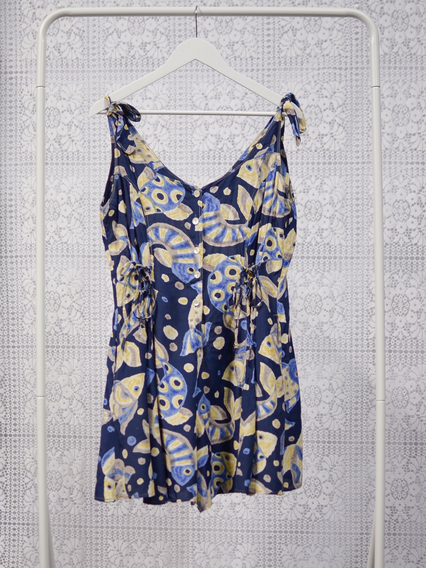 1990s blue and yellow fish print tie shoulder sleeveless playsuit