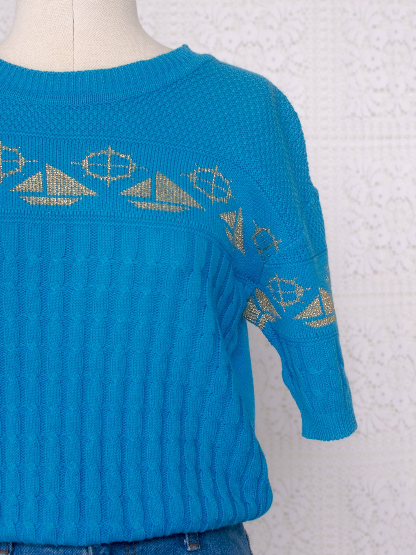 1980s blue and gold nautical boat pattern short sleeve jumper