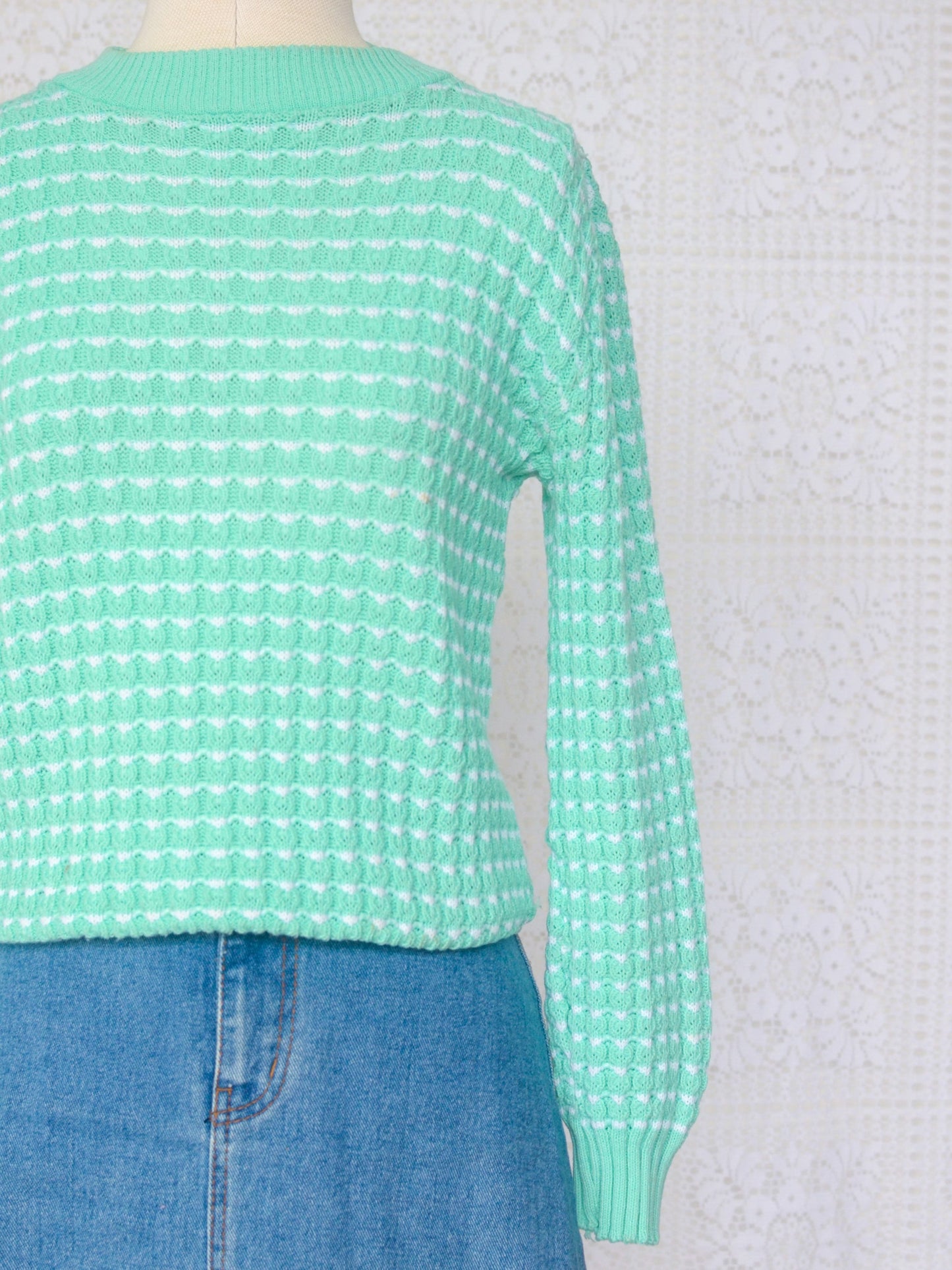 1980s style mint green and white knitted long sleeve jumper