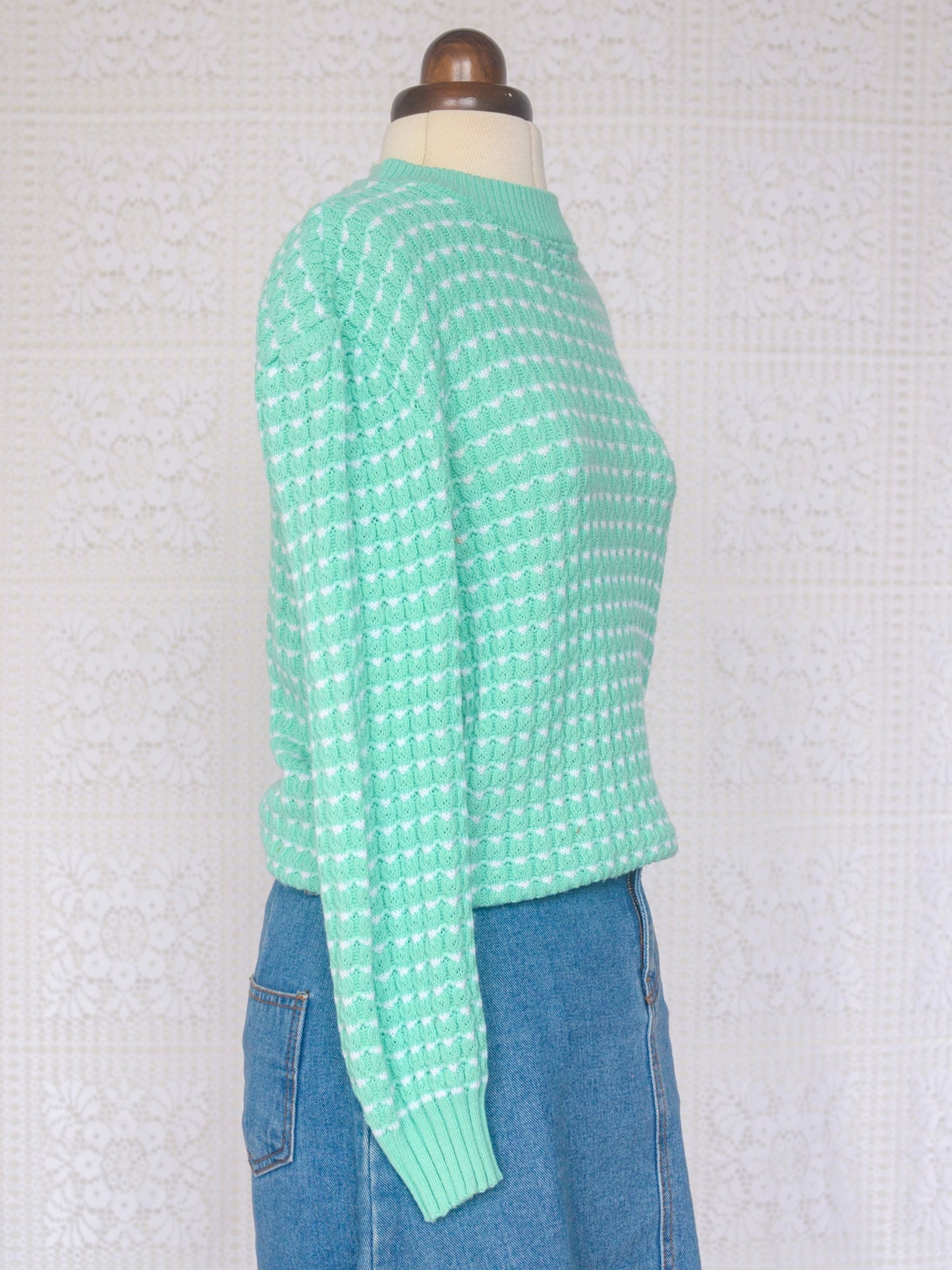 1980s style mint green and white knitted long sleeve jumper