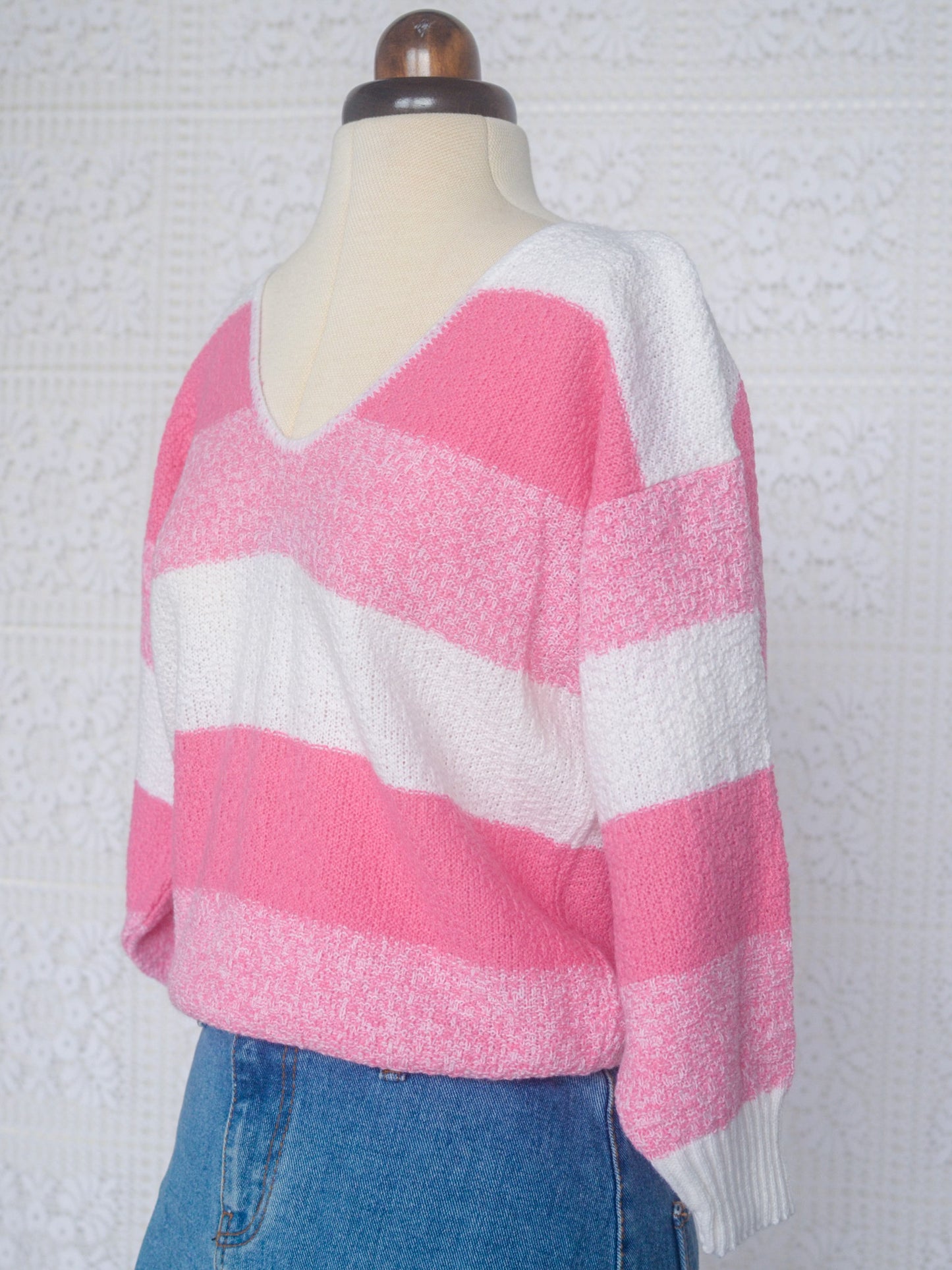 1980s style pink and white stripe v-neck jumper