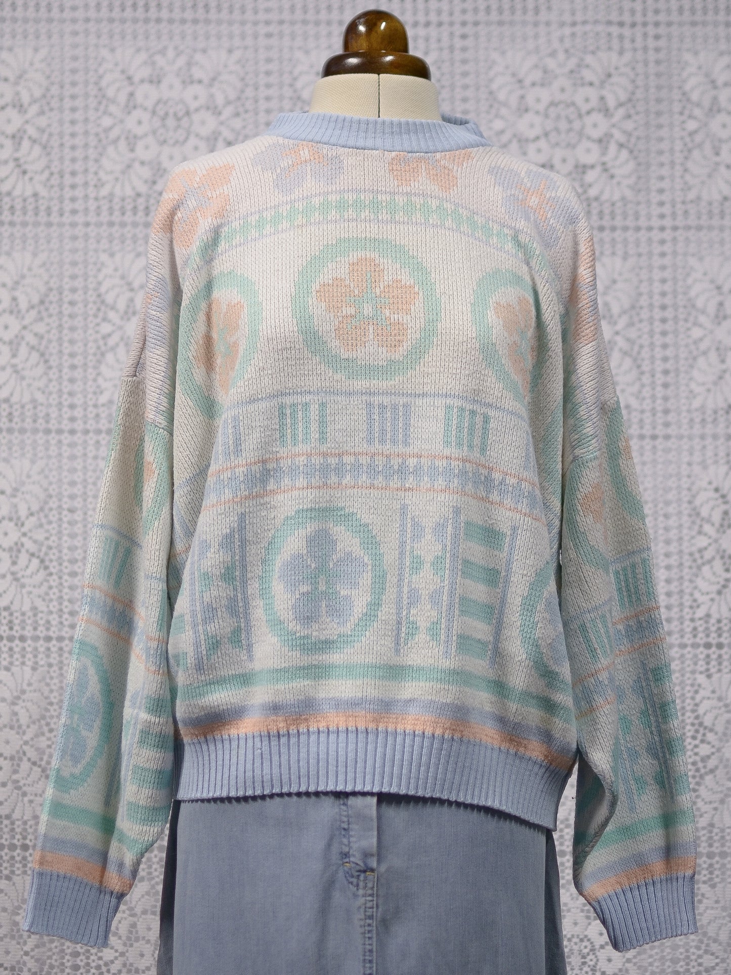 1990s white, blue, green and peach geometric floral jumper