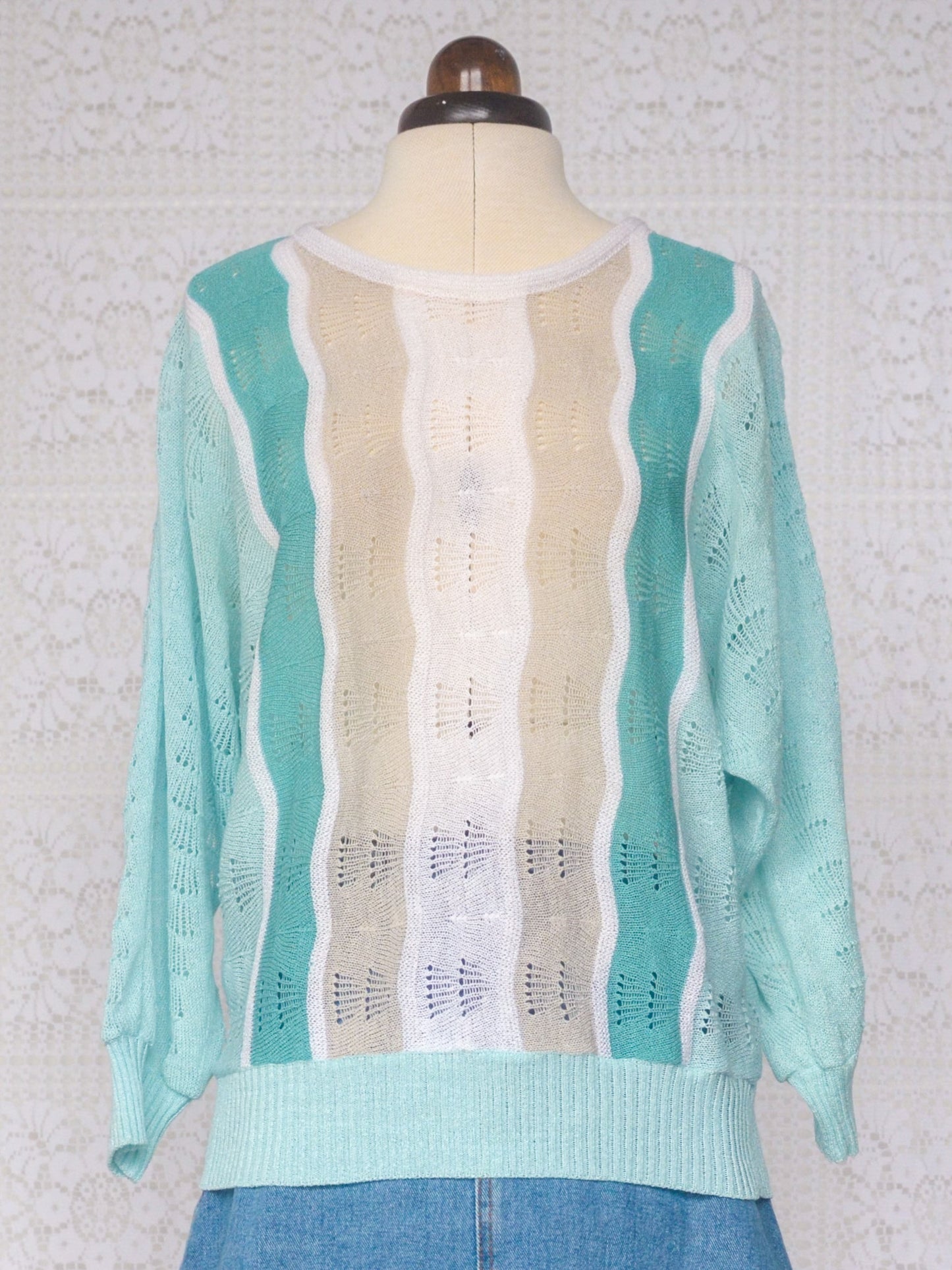 1980s turquoise lace knit batwing jumper