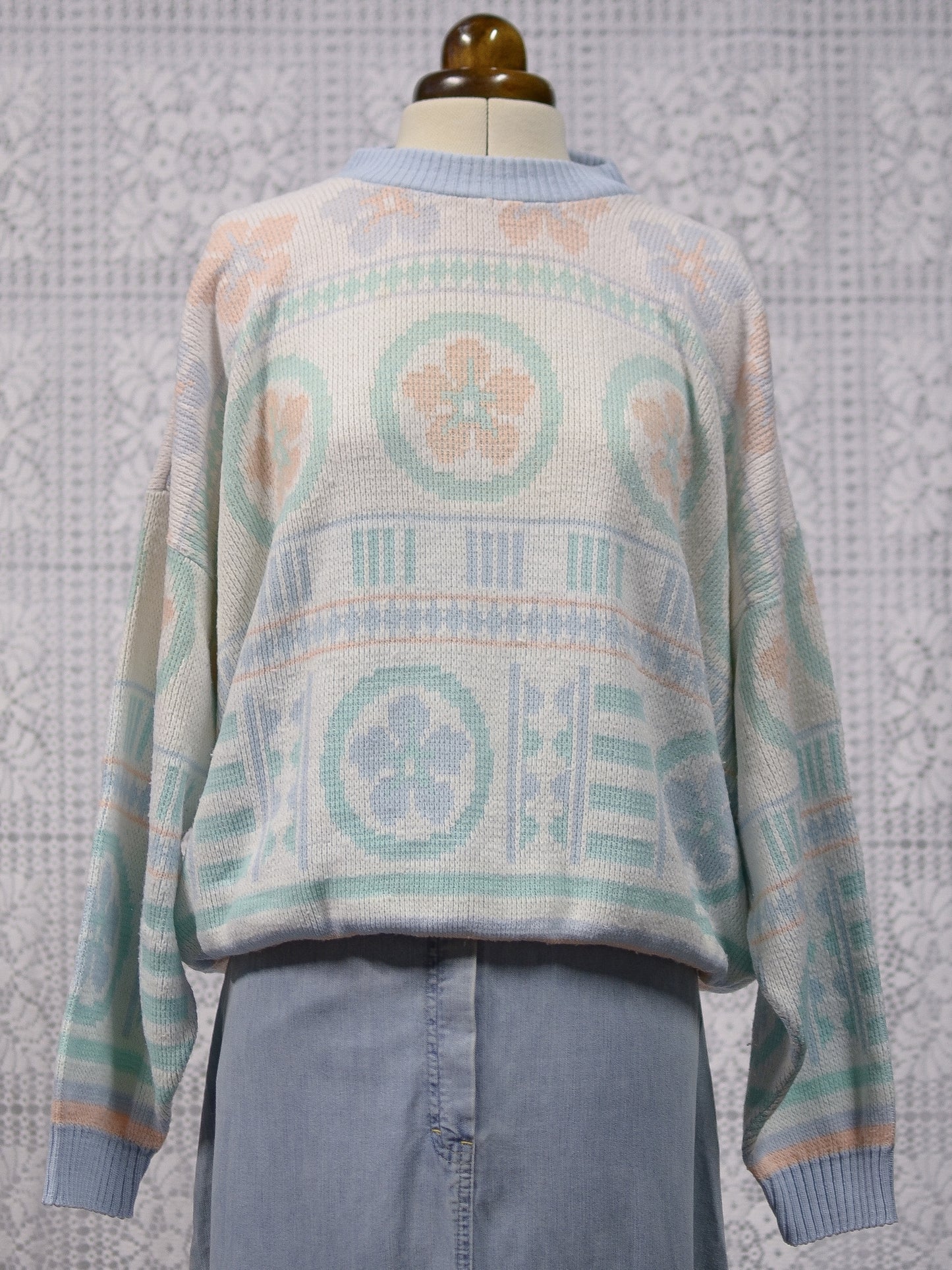 1990s white, blue, green and peach geometric floral jumper