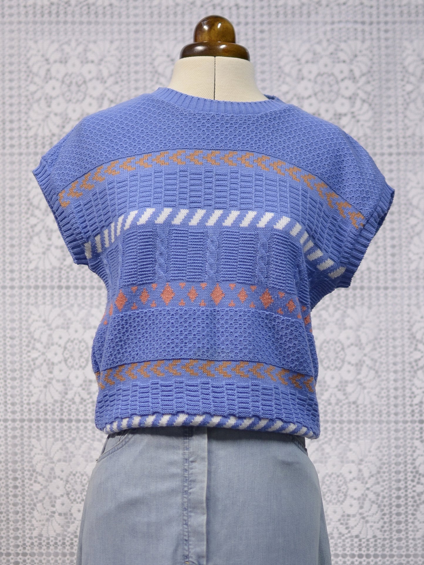 1980s blue, pink and white striped sleeveless jumper sweater vest