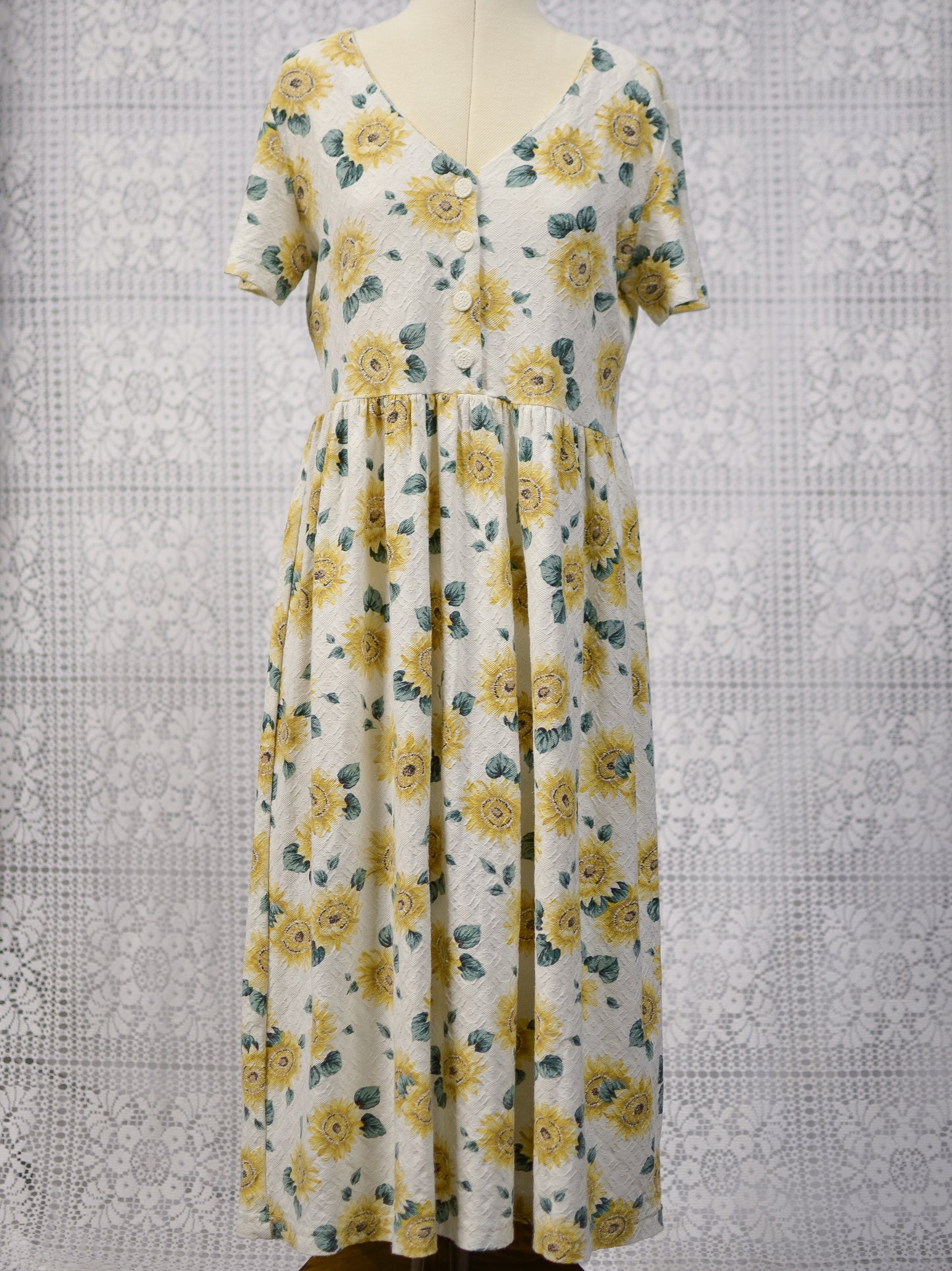 1990s cream and yellow sunflower print short sleeve lace maxi dress