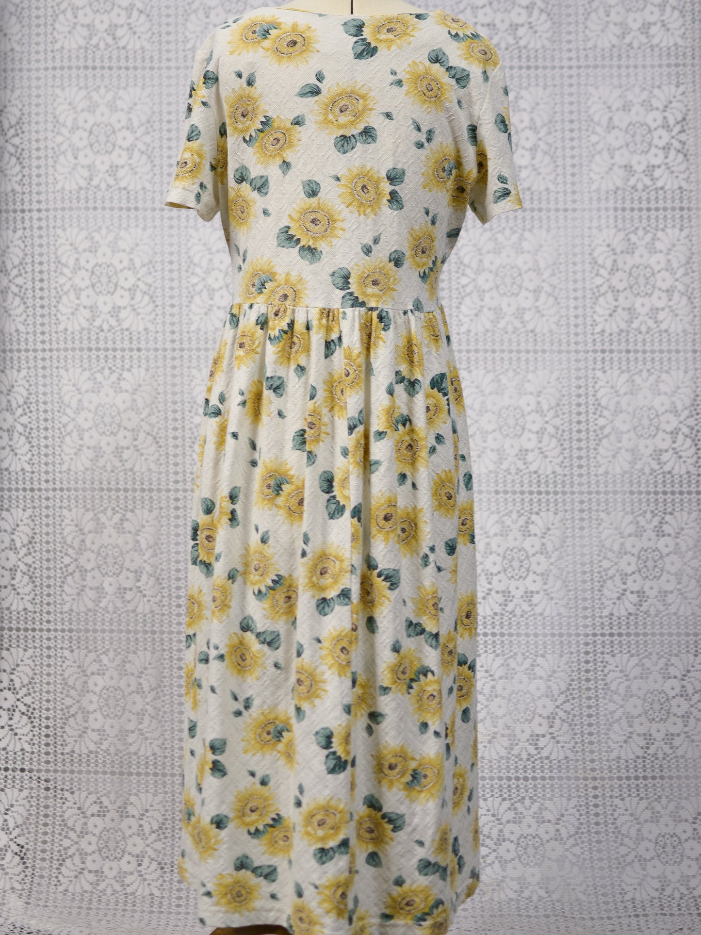 1990s cream and yellow sunflower print short sleeve lace maxi dress