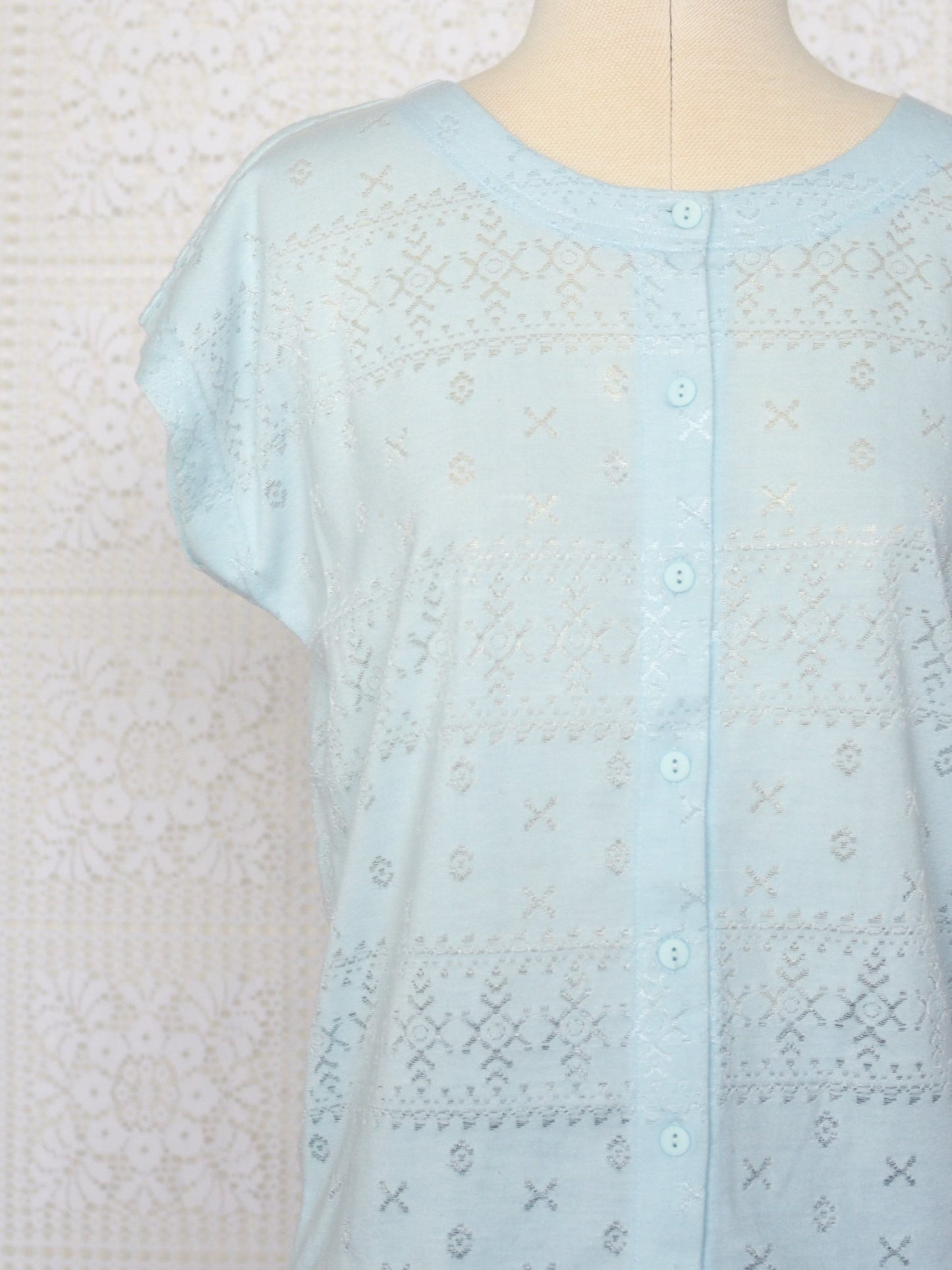 1980s Littlewoods light blue button-through patterned t-shirt