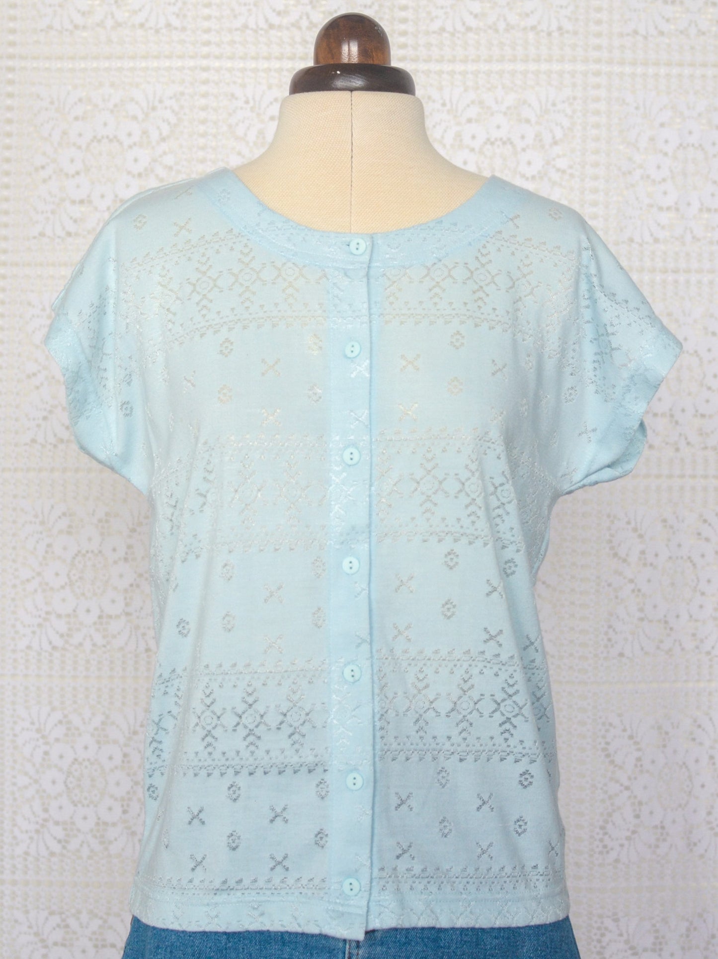1980s Littlewoods light blue button-through patterned t-shirt
