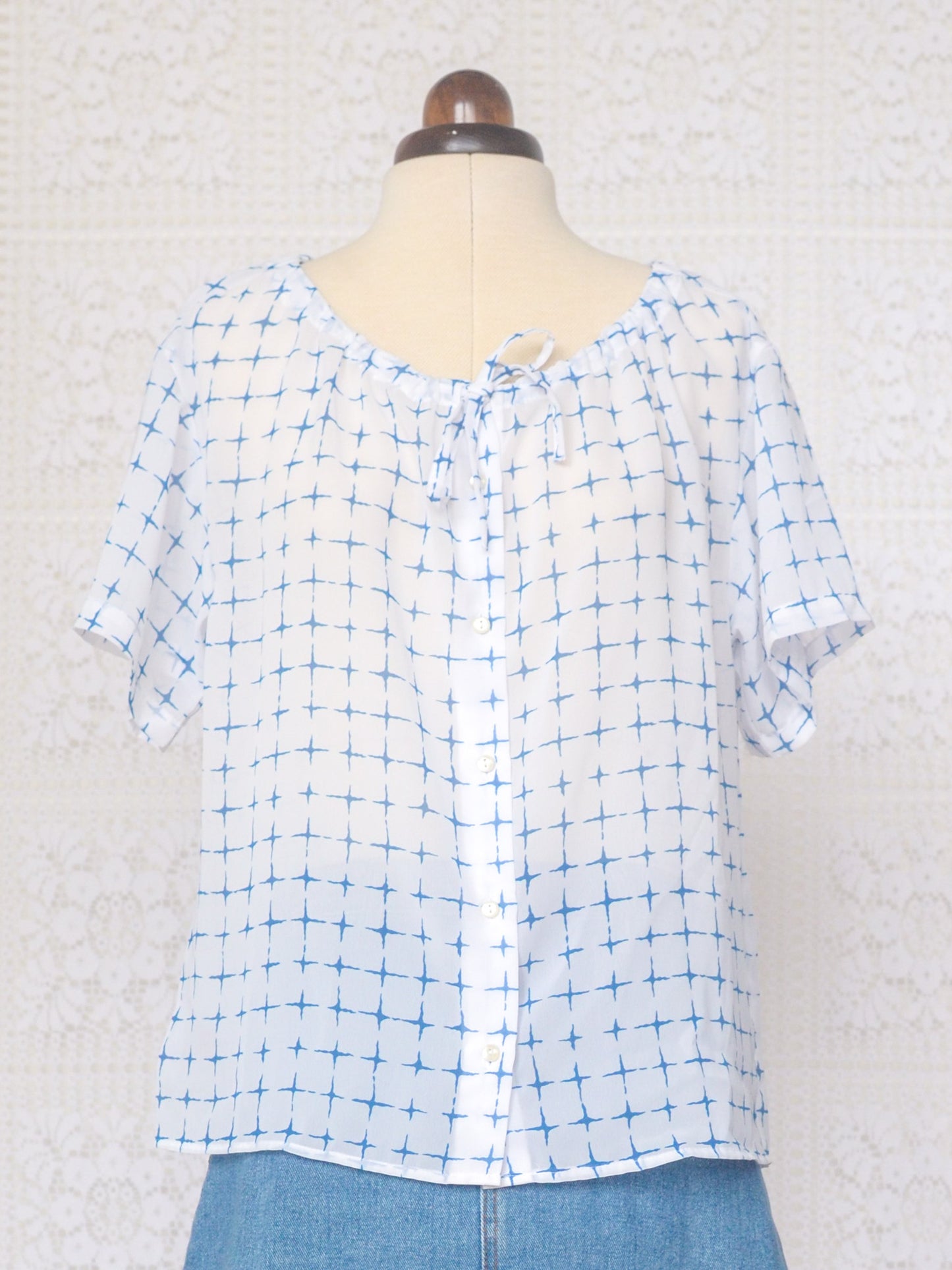 1970s white and blue St Michael short sleeve smock top