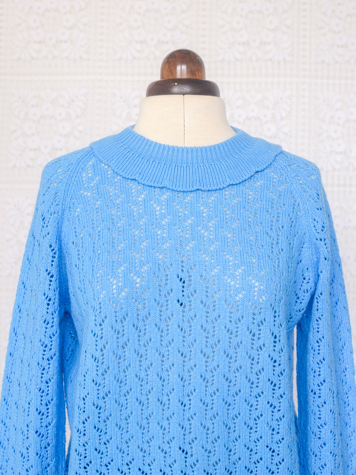 1970s style blue handmade lace knit long sleeve jumper with frill collar